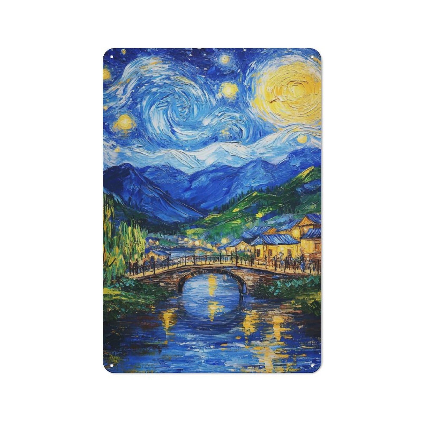 Junmoney Starry Night Village Rustic Tin Sign 30X20cm Featuring For Bar Or Restaurant, A Housewarming Gift For Bar Decor Enthusiasts