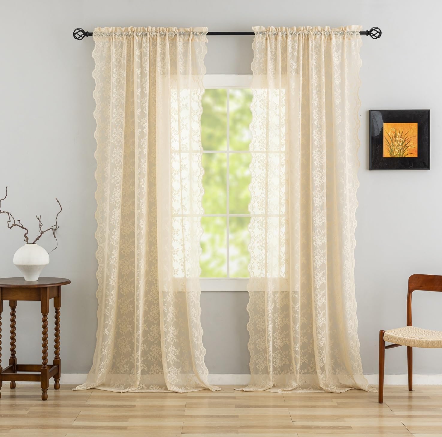YJ YANJUN Vintage Lace Curtains 102 Inch Long-Victorian Floral Pattern Beige Sheer Curtain Panels for Living Room Home Office Light Filtering Ceiling to Floor for Large Window W52 X L102 Light Beige — image 1