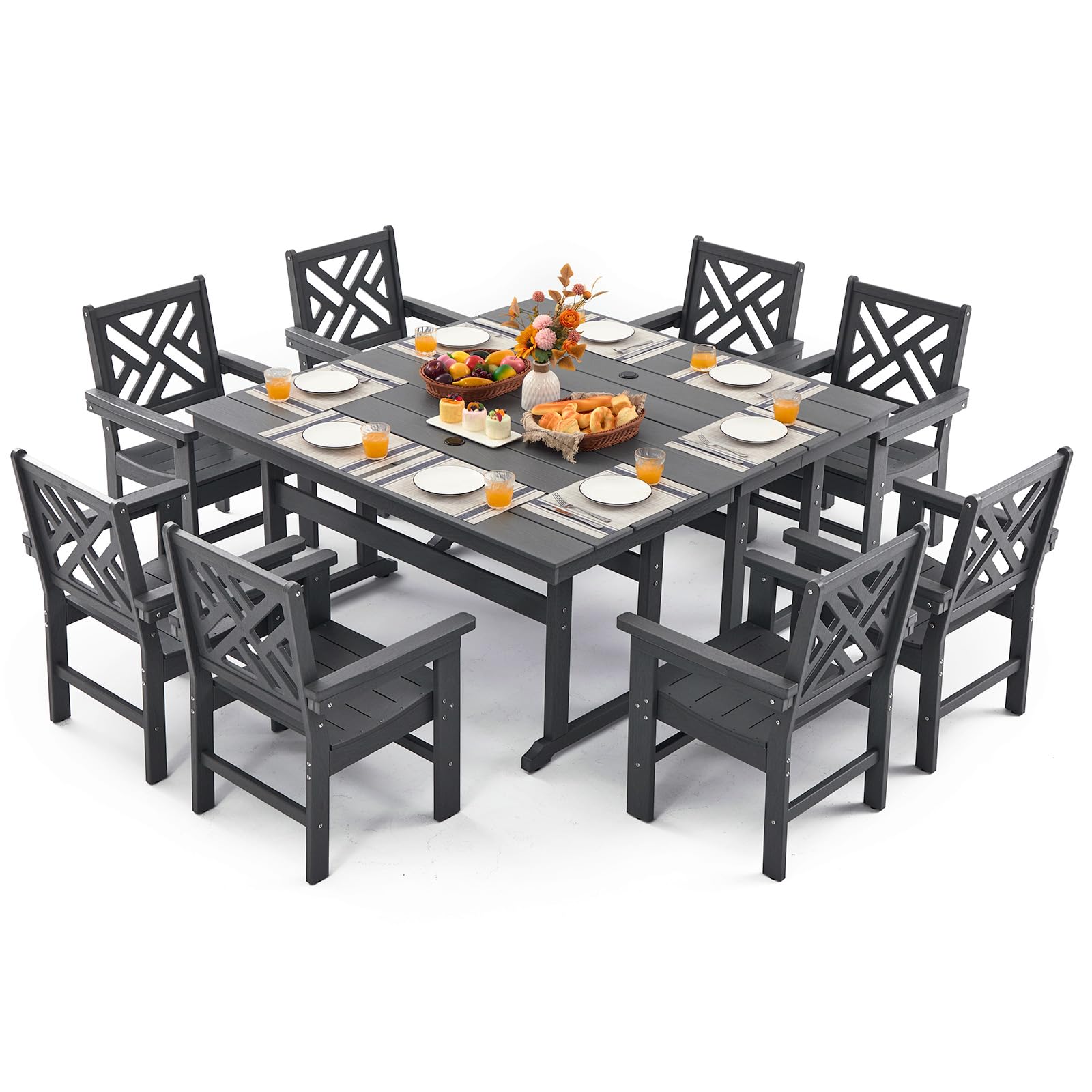 AXMOLM 10 Piece HDPE Outdoor Dining Set for 8, Patio HDPE Furniture Set with 2 Table and Umbrella Hole, Outdoor Table and Chairs for Garden, Poolside,