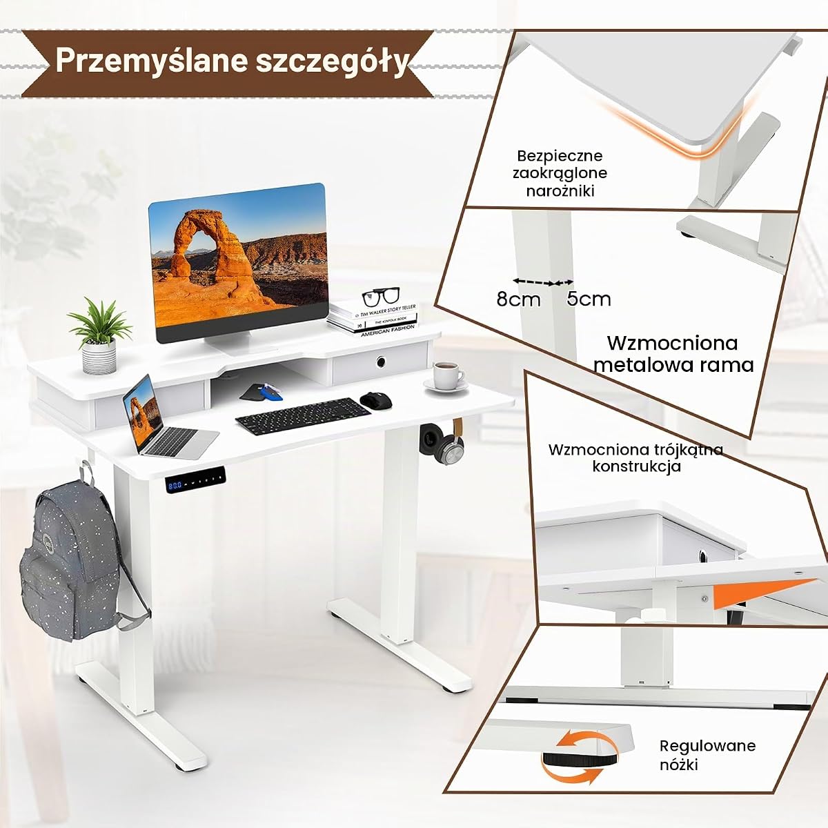 GIANTEX Biurko z regulacją wysokości, elektryczne biurko stojące ze stojakiem na monitor, 2 szuflady, 2 haczyki, małe biurko komputerowe z regulacją wysokości 73-122 cm, do gabinetu i biura (białe)