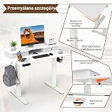 GIANTEX Biurko z regulacją wysokości, elektryczne biurko stojące ze stojakiem na monitor, 2 szuflady, 2 haczyki, małe biurko komputerowe z regulacją wysokości 73-122 cm, do gabinetu i biura (białe)