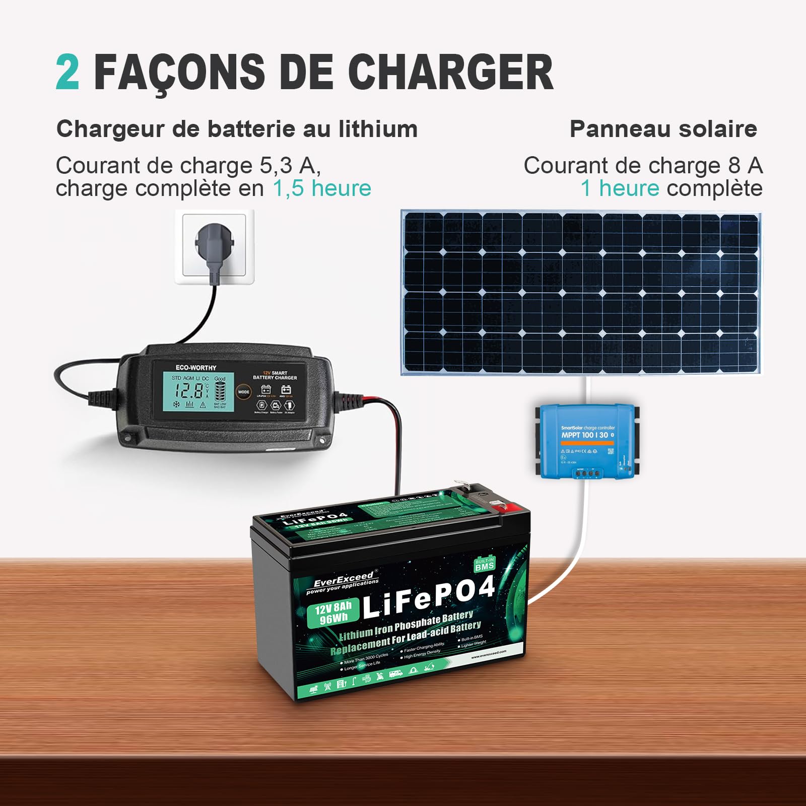 Batterie Lifepo4 12V 8Ah Batterie lithium 12V à plus de 3 000 cycles profonds pour énergie solaire/éolienne, éclairage, sondeurs de pêche, Power Wheels et plus encore, BMS 10A intégré