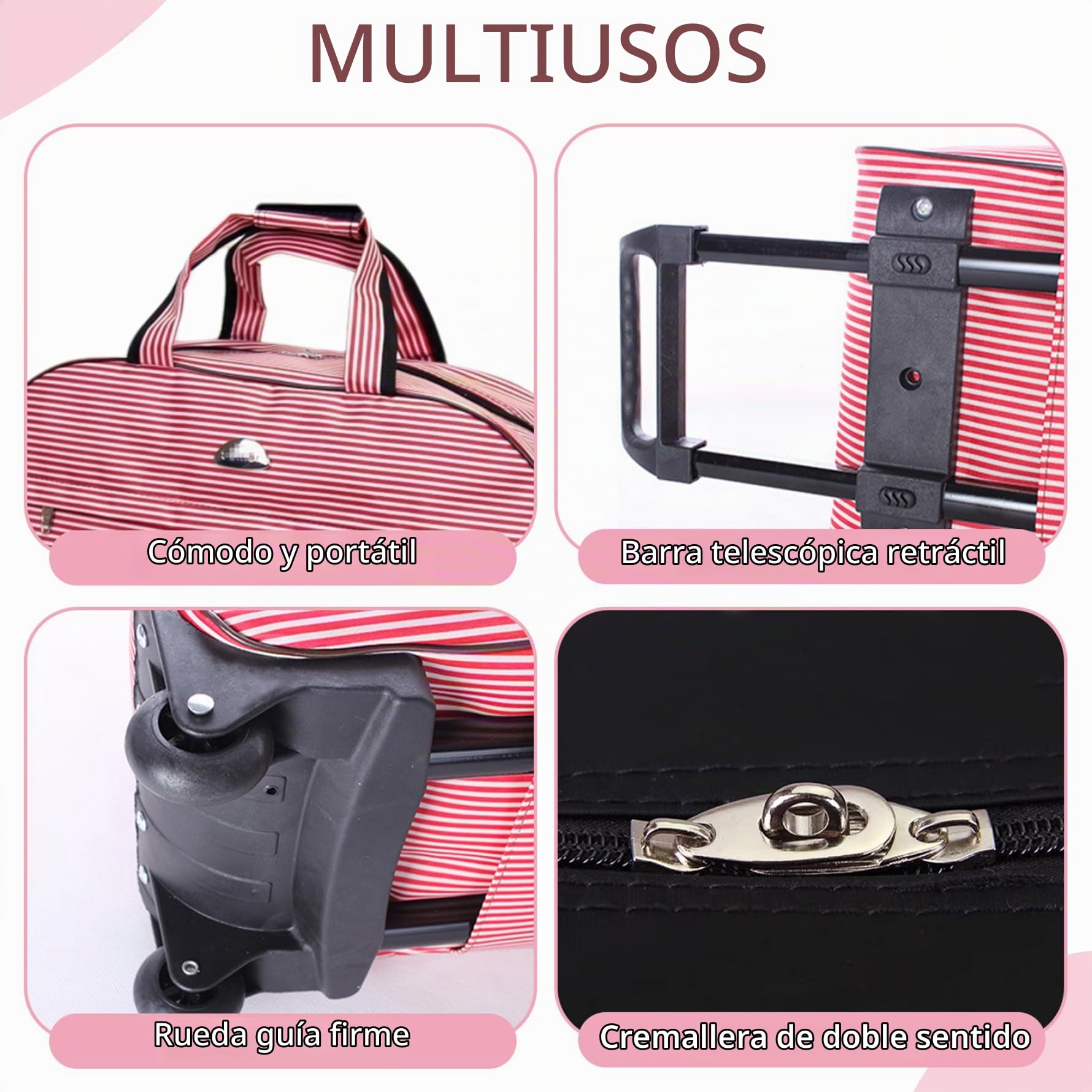Bolso de Lona con Ruedas y Mango, Bolsa de Viaje con Ruedas a Prueba de Agua de Gran Capacidad para Mujeres para Hombres, Rayas de Color Blanco Rojo