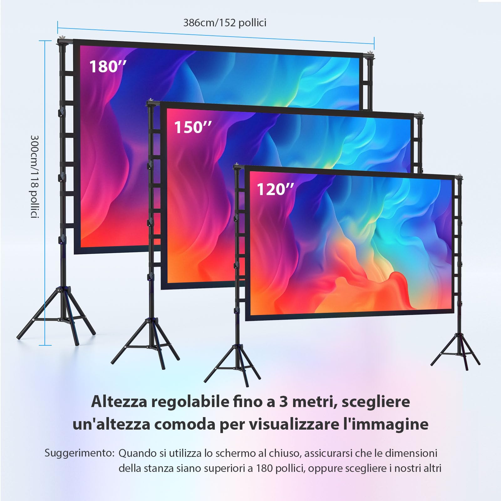Schermo per Proiettore 180” Pollici con Treppiedi, LEORFI Schermo di Proiezione Supporta 4K Full HD 16:9, Schermo Portatile Pieghevole, Altezza Regolabile, Campeggio All'aperto e Teatro Domestico