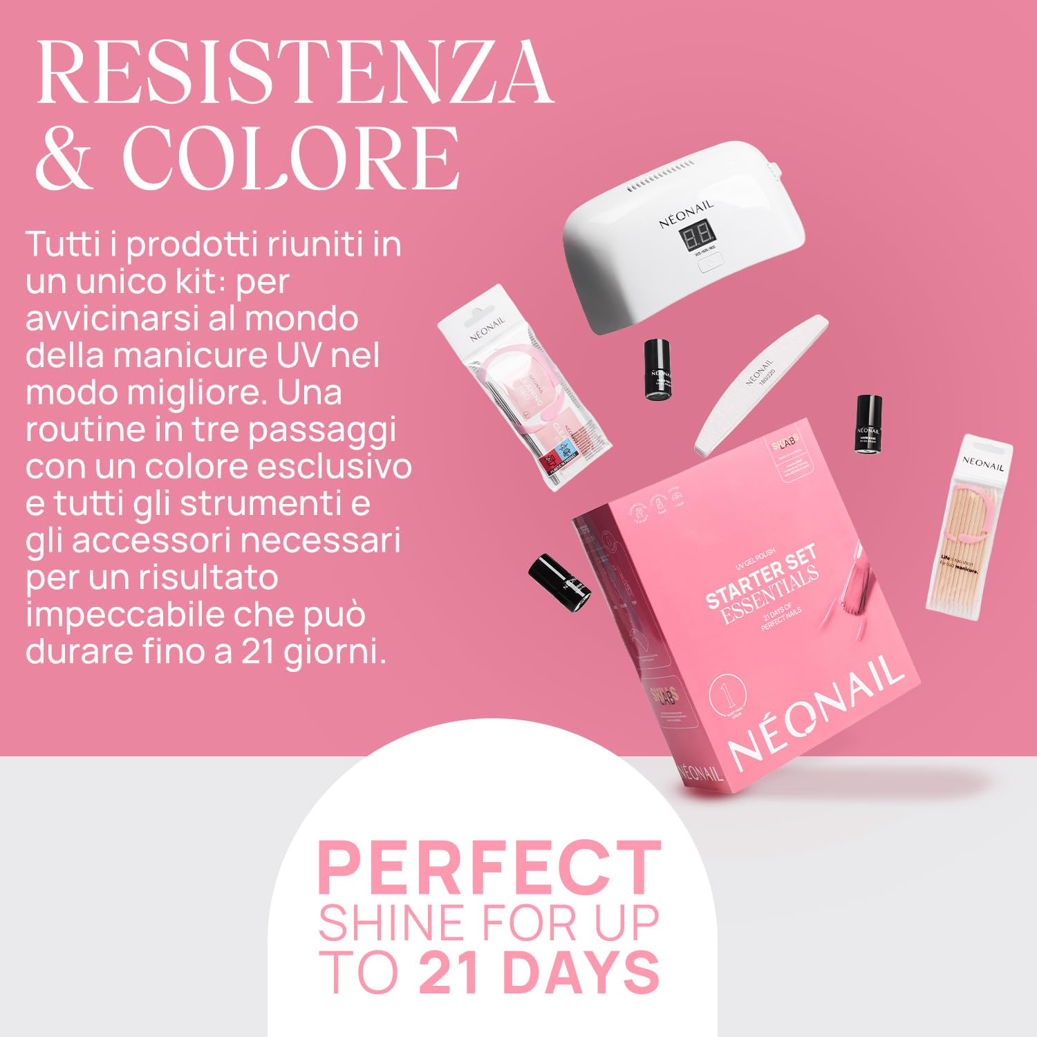 NÉONAIL Essentials Starter Set - Smalto Semipermanente Unghie - Kit Semipermanente Unghie - Gel Unghie - Kit Unghie - Smalto Unghie - Set Unghie - Base e Top Coat - Lampada UV 10W/36 - Smalti