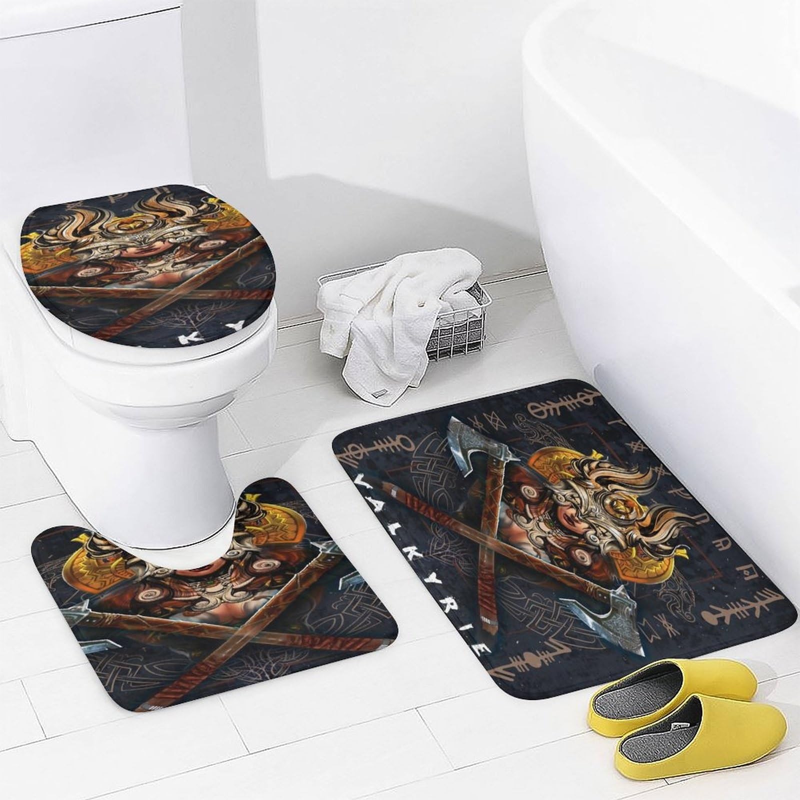 LDZDGD 4PCS Norse Viking Shower Curtain Set, Celtic Pagan Bathroom Art Decor, Waterproof Shower Curtain, Non-Slip Rugs, Toilet Lid Cover and Bath Mat (Color : Valkyrie, Size : 183 x 183CM): Valkyrie 28.3"W x 28.3"L (Pack of 1)