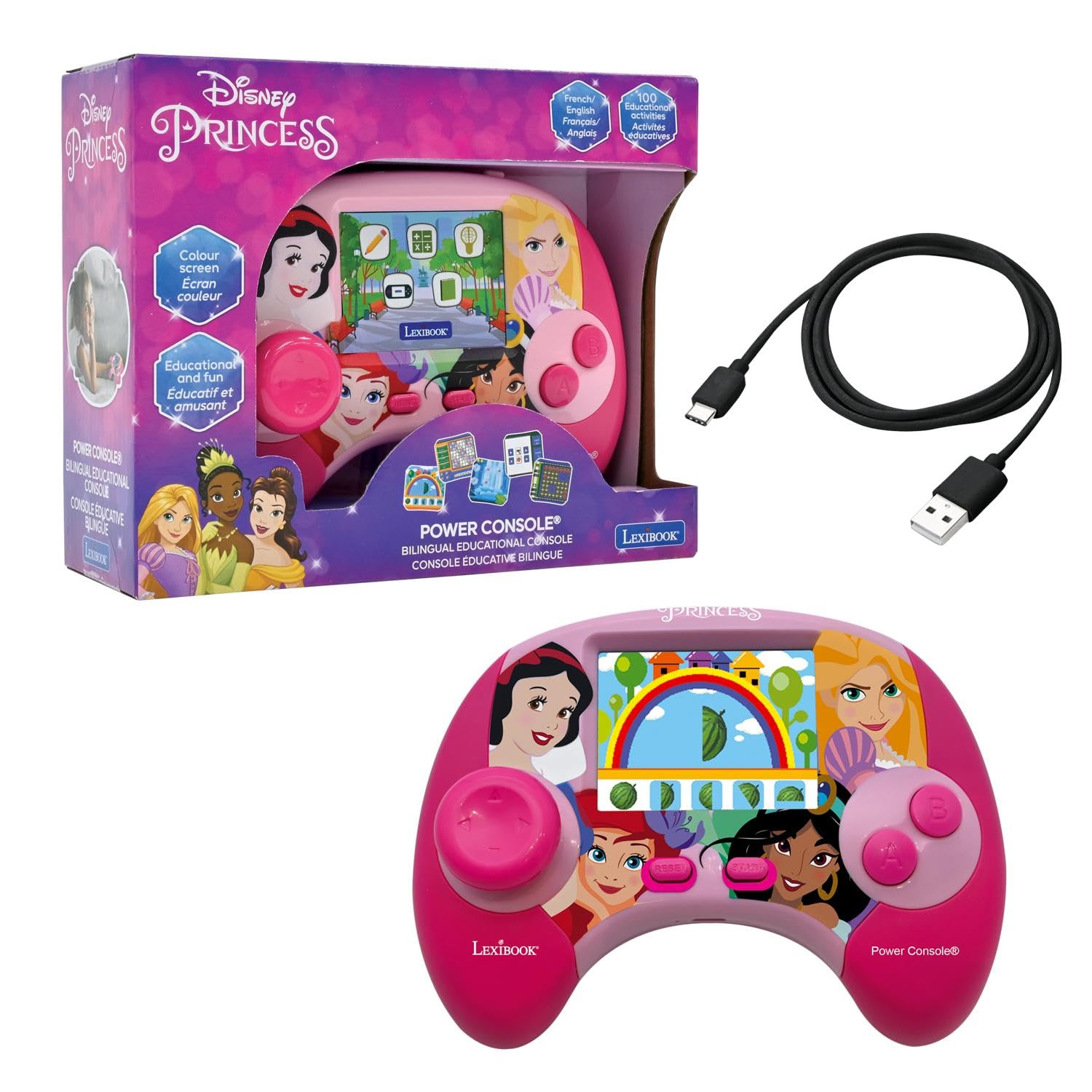 Lexibook, Disney Princess, Power Console®, Bilingual educational game console with 100 activities, French/English, Pink, JCG100DPi1LXB — image 1