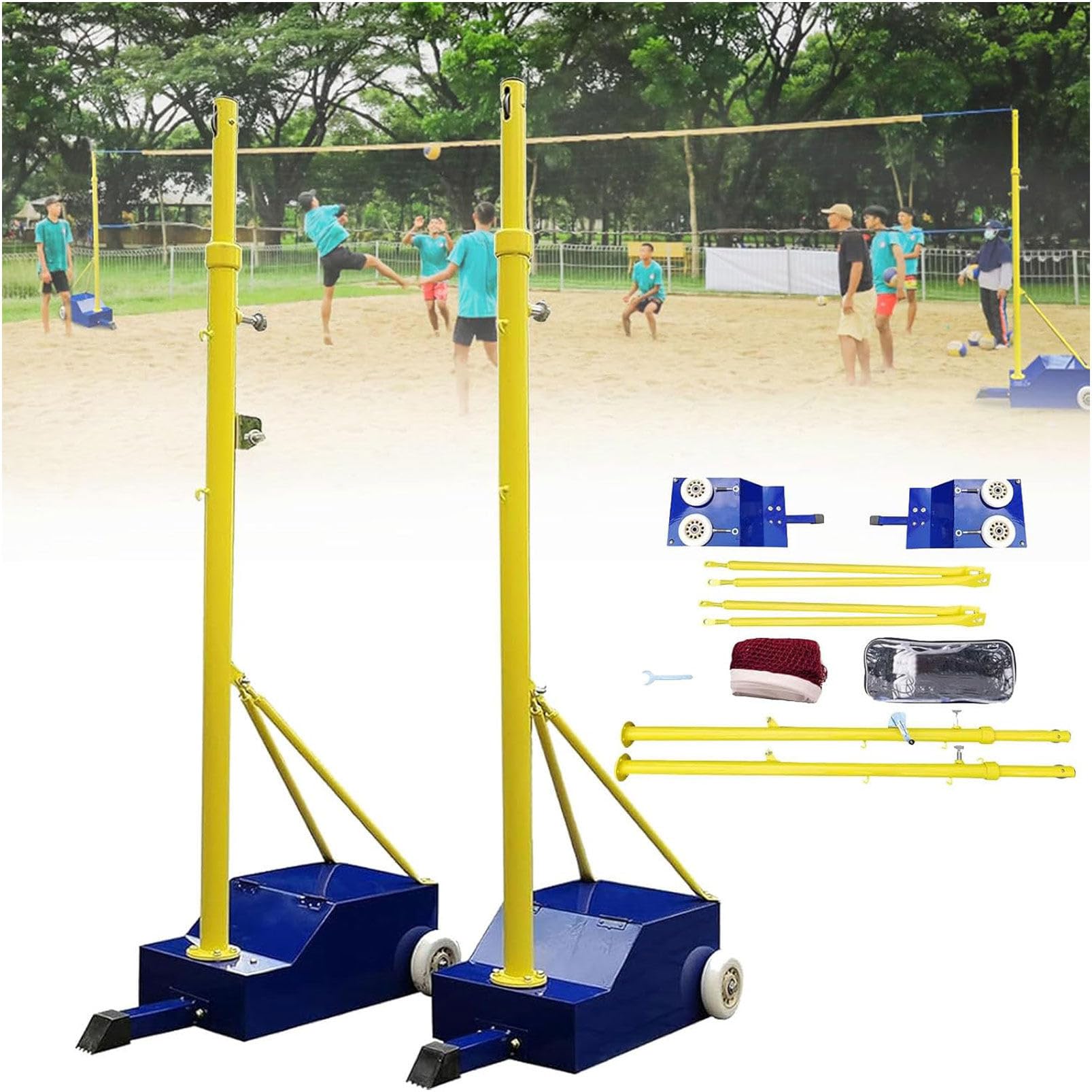 Poteaux de volley-ball pour jardin, avec filet de volley-ball/de badminton, poteaux de volley-ball robustes pour intérieur et extérieur, hauteurs réglables avec roues et 2 filets