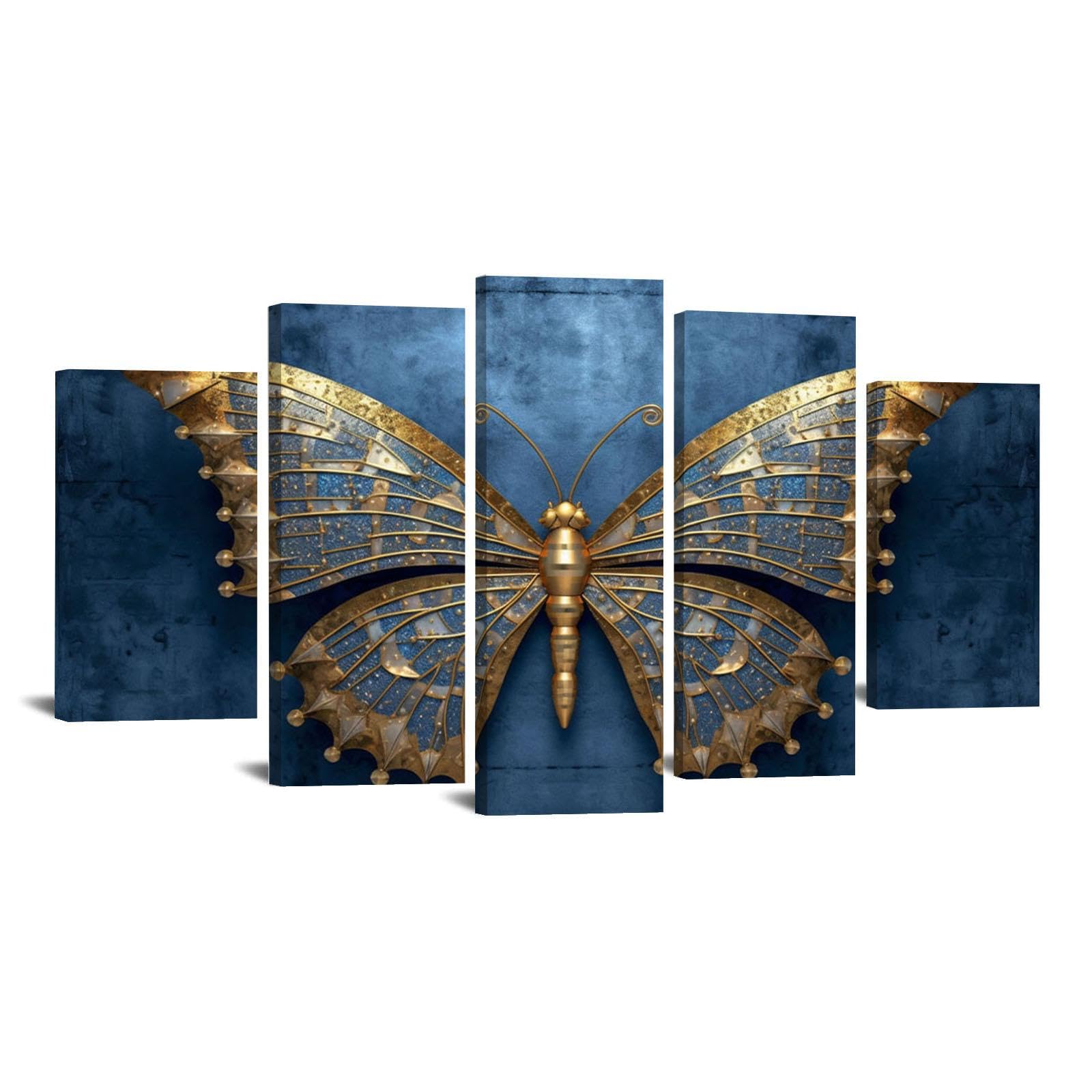 SHYAMIC 5 Piezas Cuadro Lienzo Abstracto, Fondo azul de mariposa dorada Pintura Cartel HD Impresión de Imagen Salon baño Comedor dormitorio Decoración de pared - 75x150cm Enmarcado