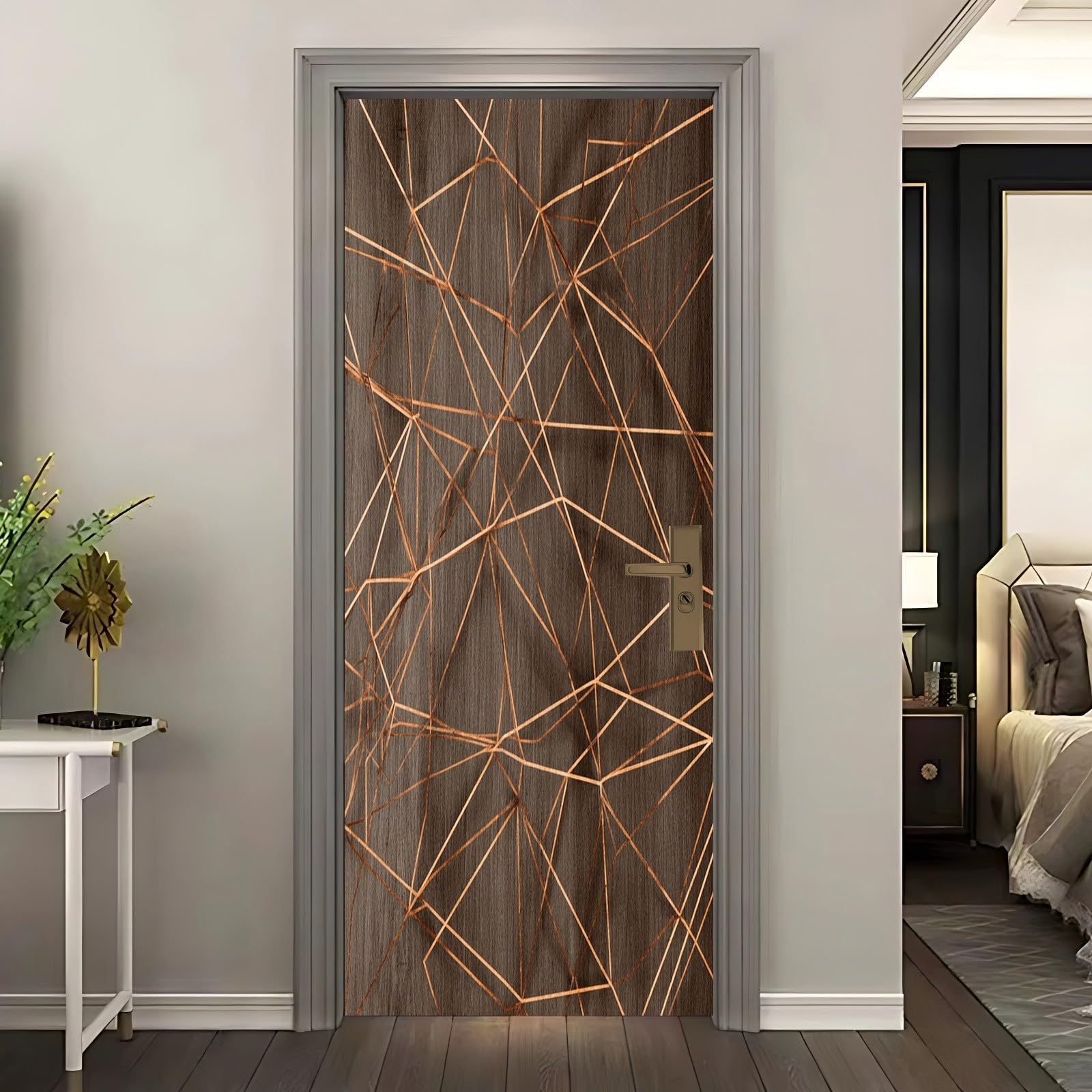 Adesivo Per Porte 3D Per Porte Interne, Venature Del Legno Astratte Geometriche Impermeabile e Autoadesivo Marrone in PVC Decorazione da Parete – per Camera da Letto, Soggiorno 80x210 cm