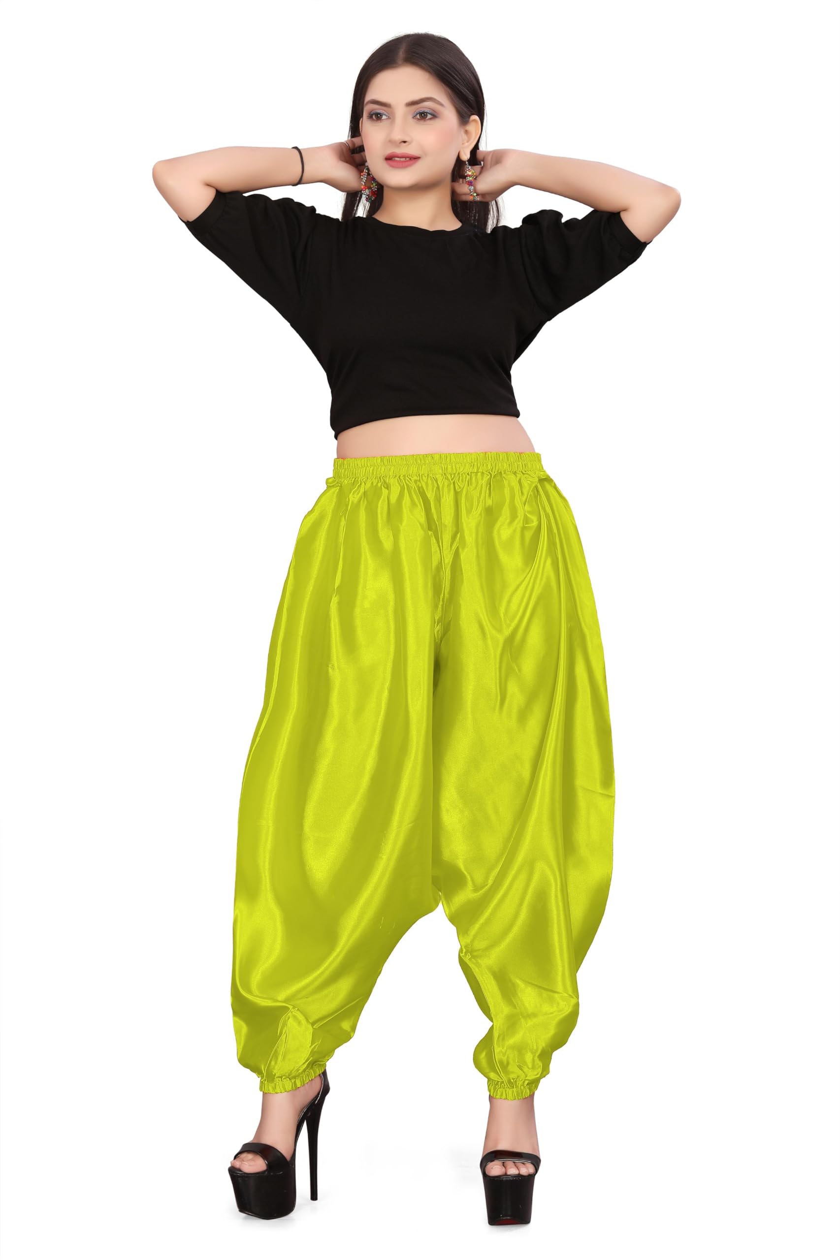 MEEK MERCERY BY KF Satin Belly Dance Harem Boohoo Pant – Elastic Waist, S to 5XL – 41 Colours – Flowing Performance Costume for Stage, Bollywood, Cosplay, Festival & Lounge Wear Yellow Green