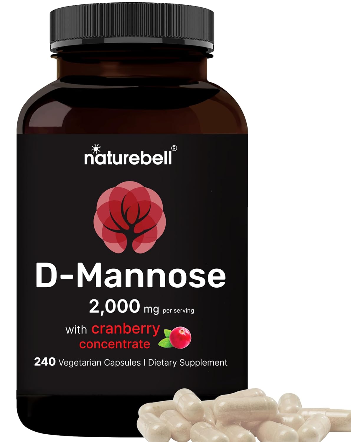 NatureBell D-Mannose 500mg Cápsulas (2000mg por Porção) | 240 Cápsulas Veganas + Extrato de Cranberry 400mg, Suplemento Rápido para Saúde do Trato Urinário, Ultra Suporte UTI para Mulheres e Homens