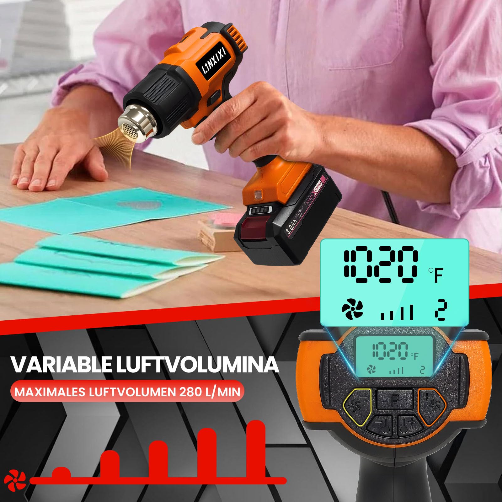 Akku Heißluftfön für 18V Eihelll Batterie, 50-550°C Manuelle Heißluftpistole mit LCD-Display, Einstellbarer Temperatur & Luftkontrolle mit 4 Edelstahldüse für DIY, Basteln, Abziehen(Ohne Batterie)