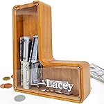 Custom 12 Extra Large Wooden Piggy Bank (Laser Engraved Name), Personalized Piggy Bank for Kids Boys Girls, Alphabet Coin Bank Money Savings Box, Perfect Christmas/Birthday Gift for Grandkids(L)