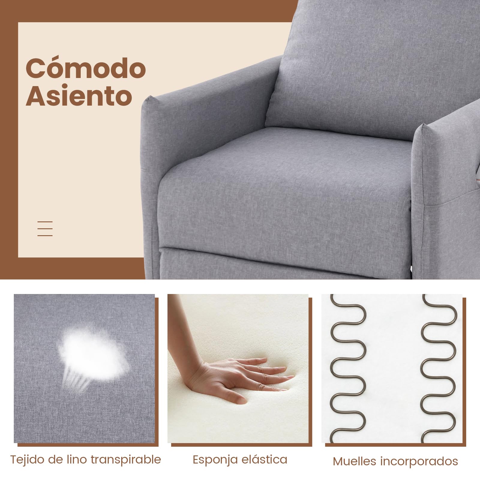 COSTWAY Sillon Relax Reclinable 102/112/140°, Respaldo y Reposapiés Ajustables, Tela de Lino, Sillones para el Salón con Asiento Acolchado Suave, Sillon Orejero (Gris Claro)