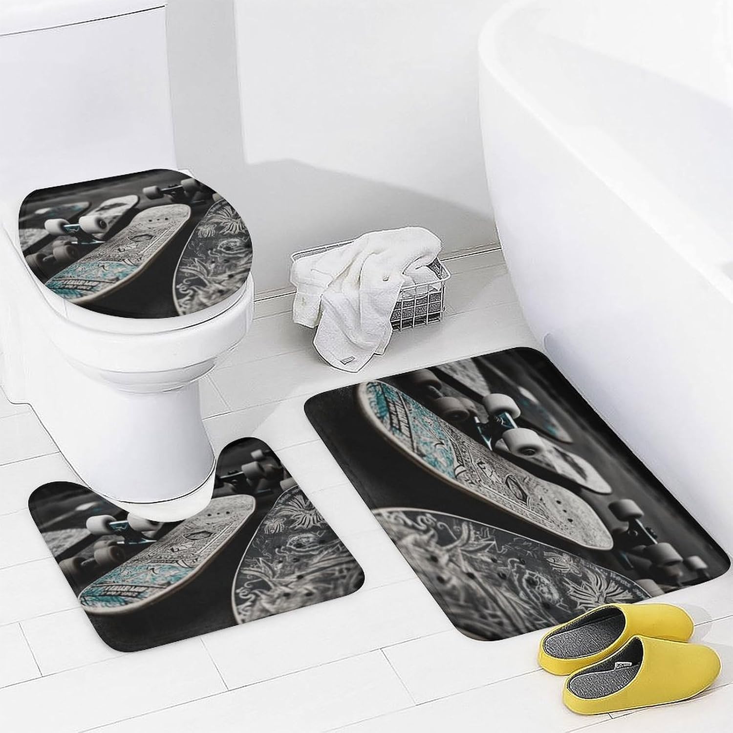 Skate Boards Bathroom Rugs Sets 4 Piece | Shower curtain sets, non-slip absorbent soft flannel bath mat, u-shaped toilet mat & lid cover, bathroom decor accessories