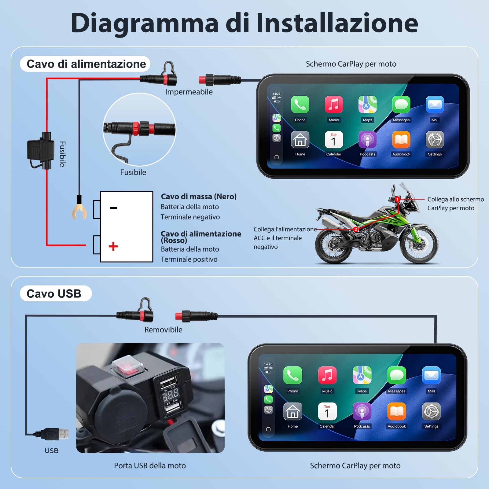 A622 CarPlay Moto Schermo 6,25 Pollici, CarPlay e Android Auto Wireless, Sistema di Monitoraggio Pressione Pneumatici (TPMS), Impermeabilità IP67, Doppio Bluetooth, GPS, Alimentazione USB/ACC
