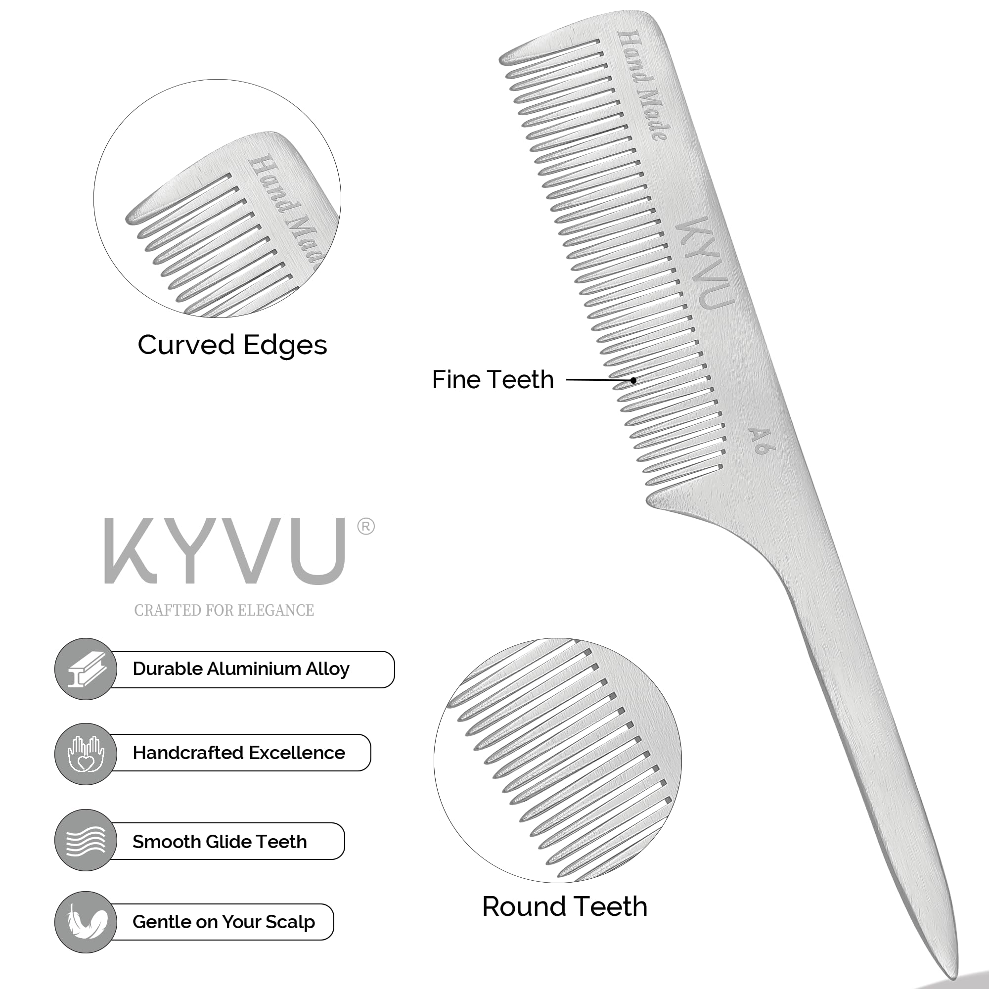 KYVU A6 Handmade 20.0 cm Fine-Tooth Aluminium Comb with Handle, 20 Centimeters - Image 2