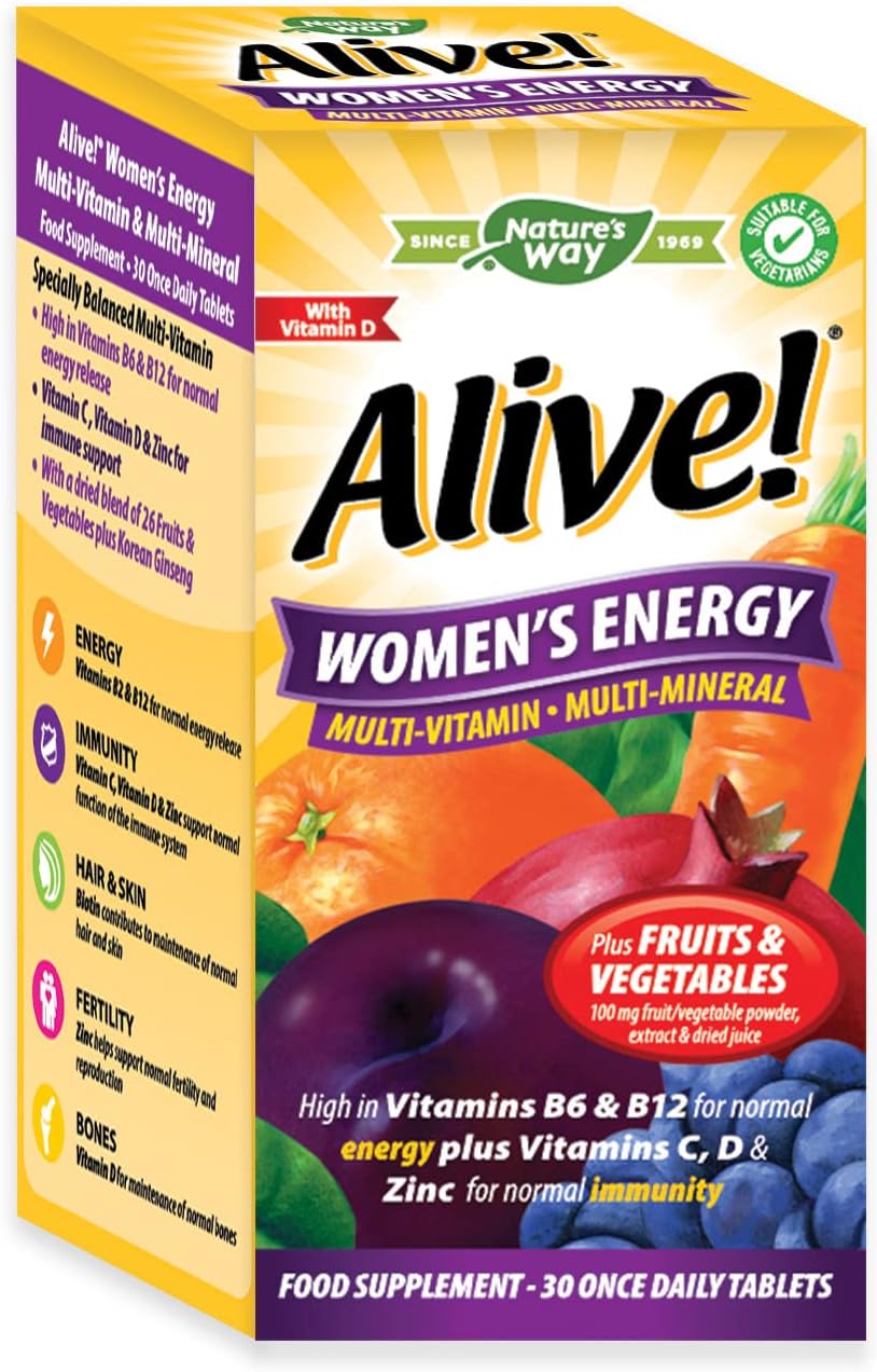 Alive! Women’s Energy Multi-Vitamin and Minerals, Specially Balanced for Women, Unique Dried Blend of 26 Fruits & Vegetables, Suitable for Vegetarians – 30 Tablets