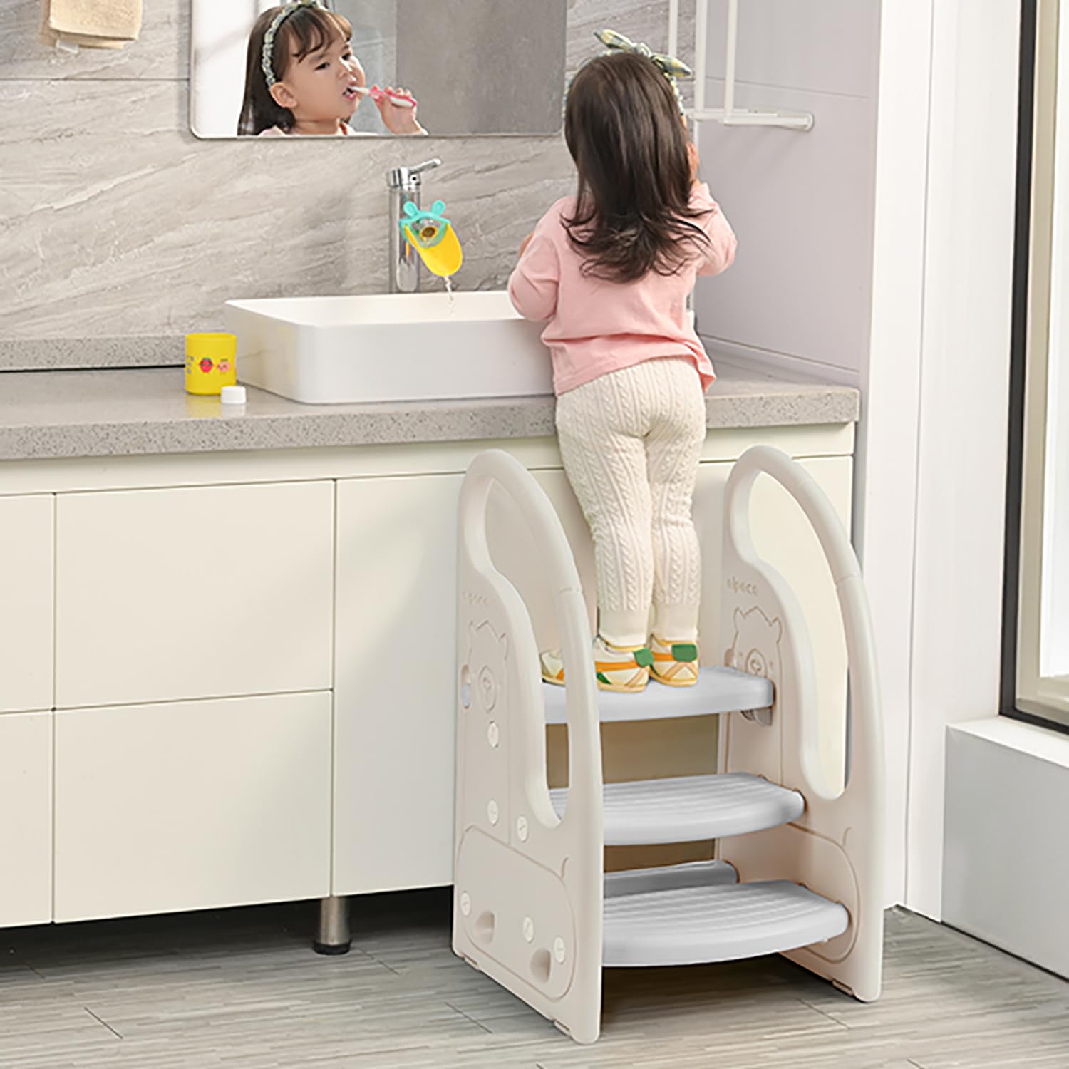 Tritthocker für Kinder, Trittleiter Kinder mit 3 Stufen, Höhenverstellbar, Sicherer, Lernturm, Trittschemel, Tritt-Schemel Kinderschemel für Baby (Weiß/Hellgrau)