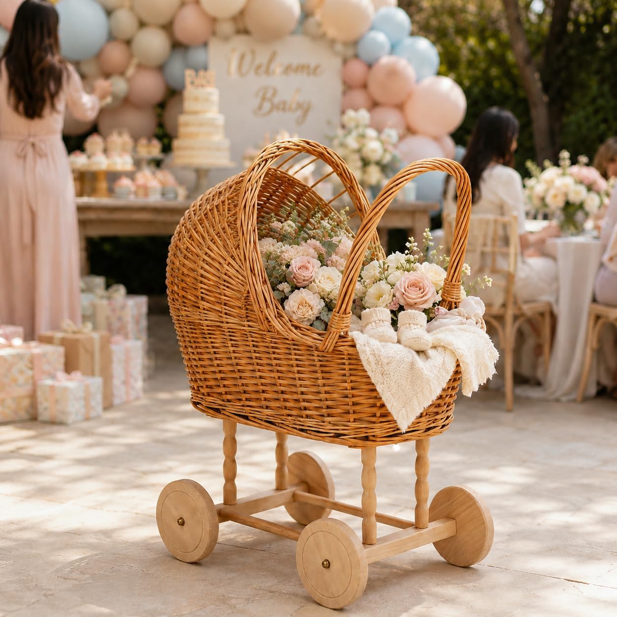 Wicker Baby Carriage Basket, Vintage Rattan Stroller Flower Basket for Baby Shower Centerpiece, Woven Carriage Decor for Wedding, Nursery Display and Photography Prop (Extra Large)