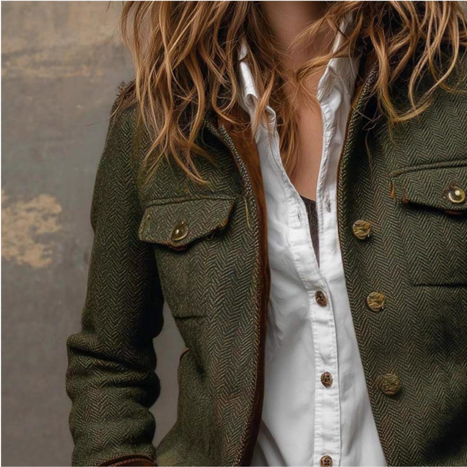 Blazer en tweed pour femme, style vintage, à chevrons, avec bordure en velours, manches longues, boutons