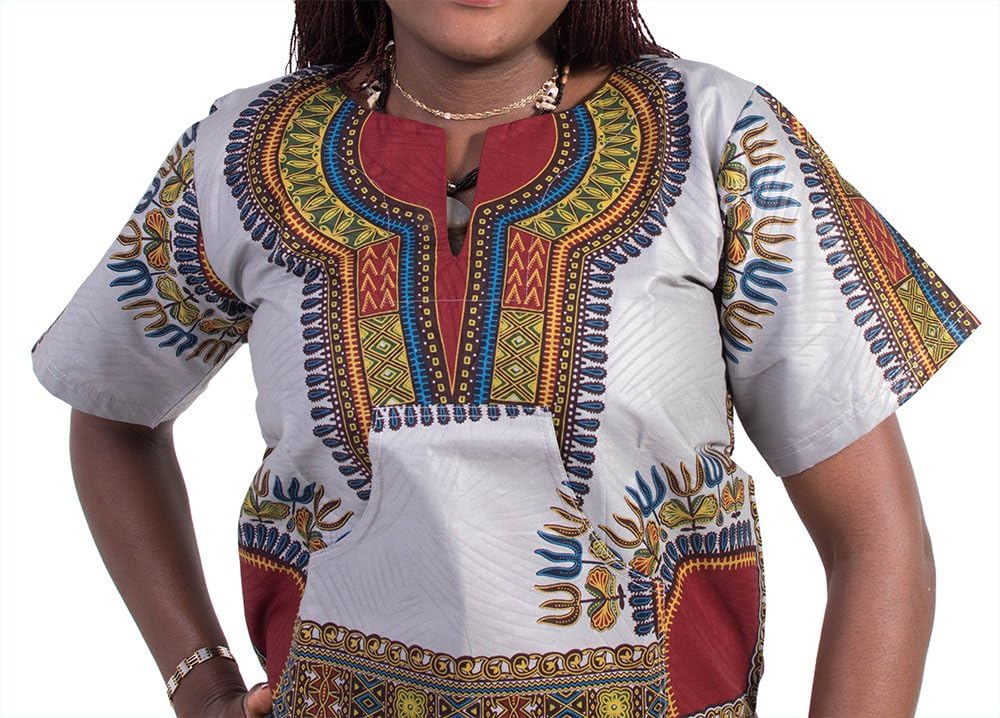 Afrihili Grey Dashiki African Print Dress Shirt for Men and Women (Extra Large)