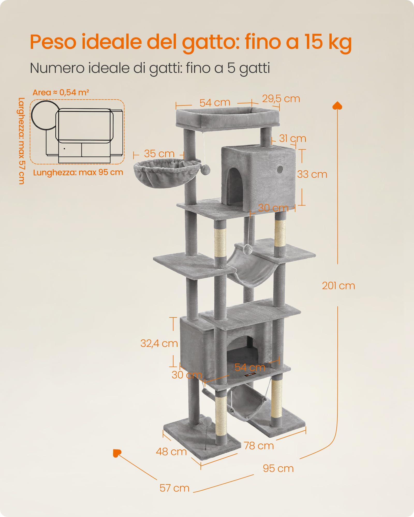 Feandrea Albero per Gatti Grande, Tiragraffi Multilivello XXL, Alto 201 cm, con una Piattaforma, un'Amaca, 2 Casette per Gatti, 2 Amache, Kit Antiribaltamento, Grigio Chiaro PCT195G01V1