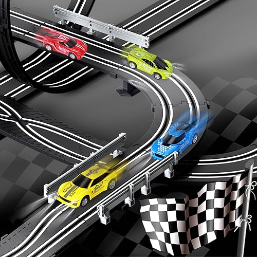 Miniatura 5 de Juegos de pista de carreras de coches de ranura para niños, batería o pista de carreras eléctrica con 4 coches de ranura de alta velocidad y 2