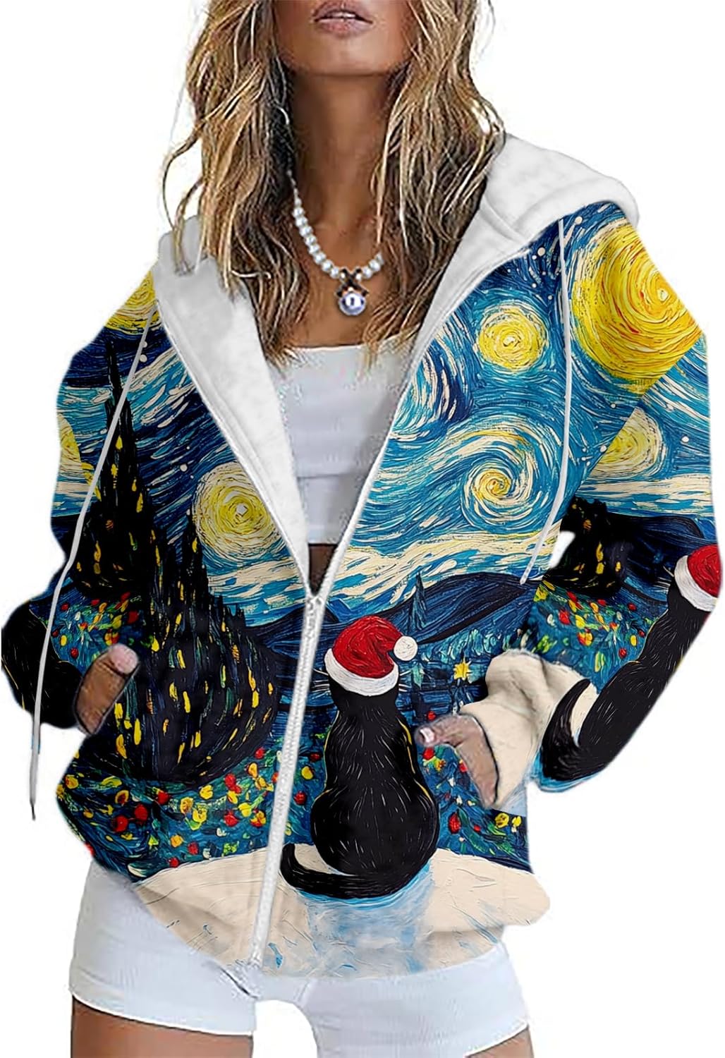 Women's Christmas Zip Up Graphic Hoodie Comfy Casual Long Sleeve Sweatshirt