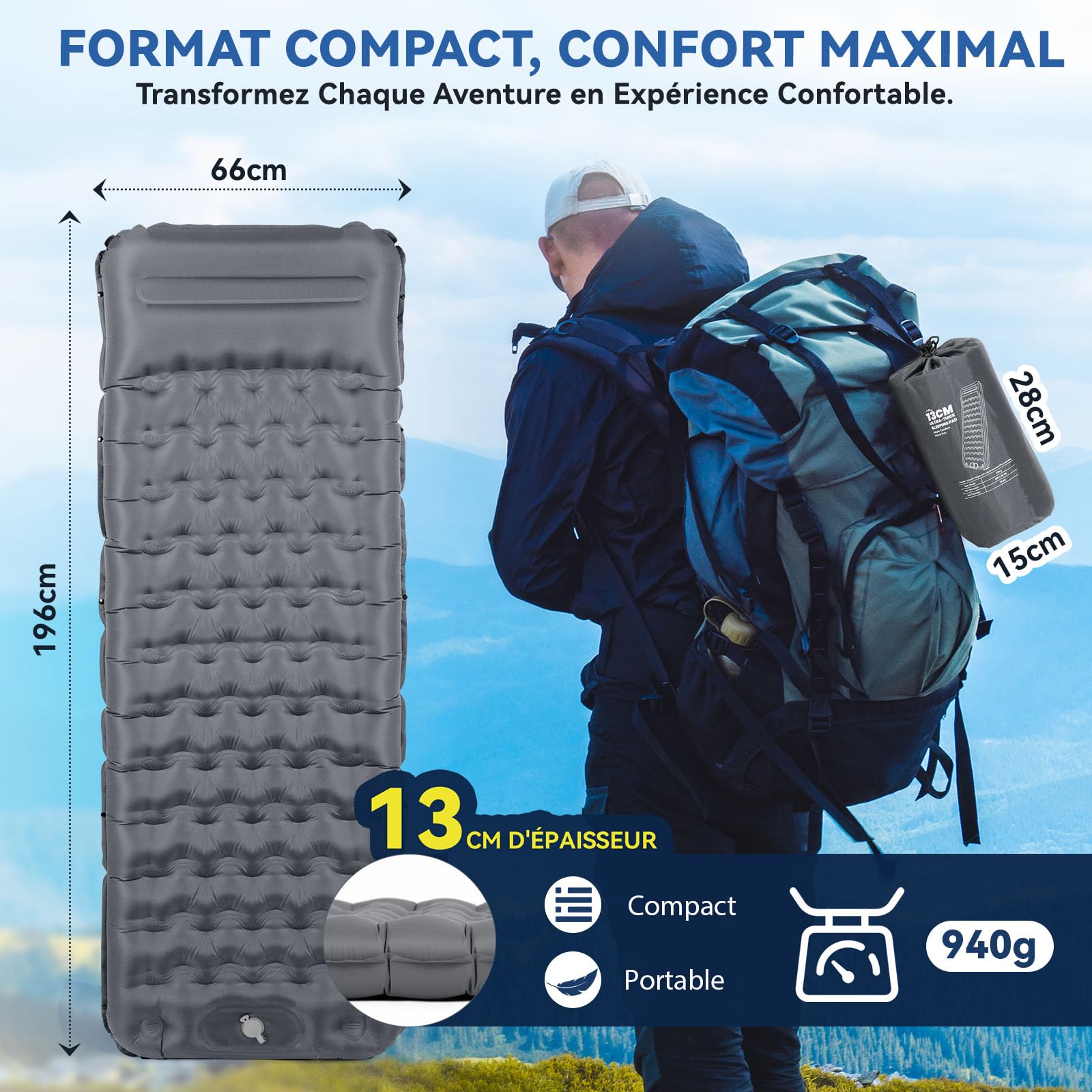 HIKENTURE Matelas de Camping Gonflable 13cm Ultraléger Compact avec Oreiller Pompe à Pied Randonnée Trekking Plage Tente Gris