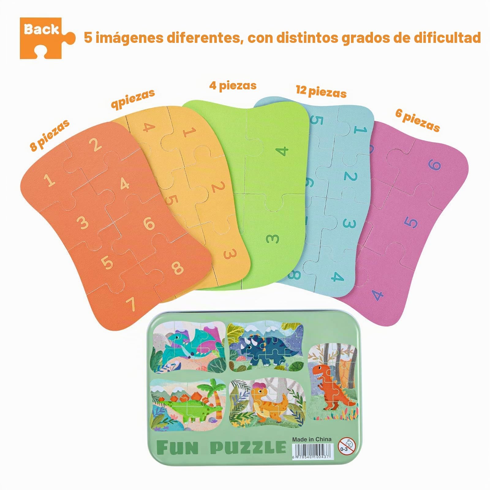 BBLIKE Puzzle Infantil de para niños Rompecabezas de Animales, puzle de 5 imágenes, Adecuado para niños y niñas a Partir de 3, 4 y 5 años (Dinosaurio)