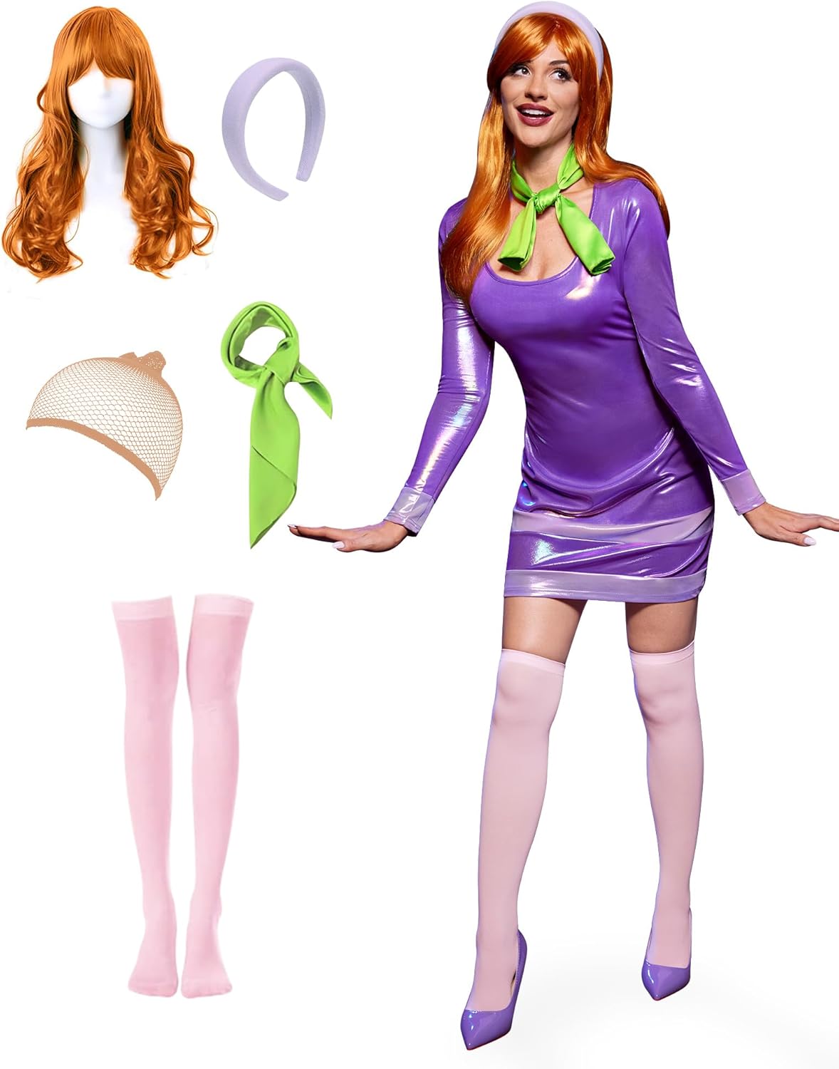 For G and PL Women Halloween Costume Sets 6 Pcs Purple Long Sleeve Patent Mini Dress with Headband Scarf XS-XL