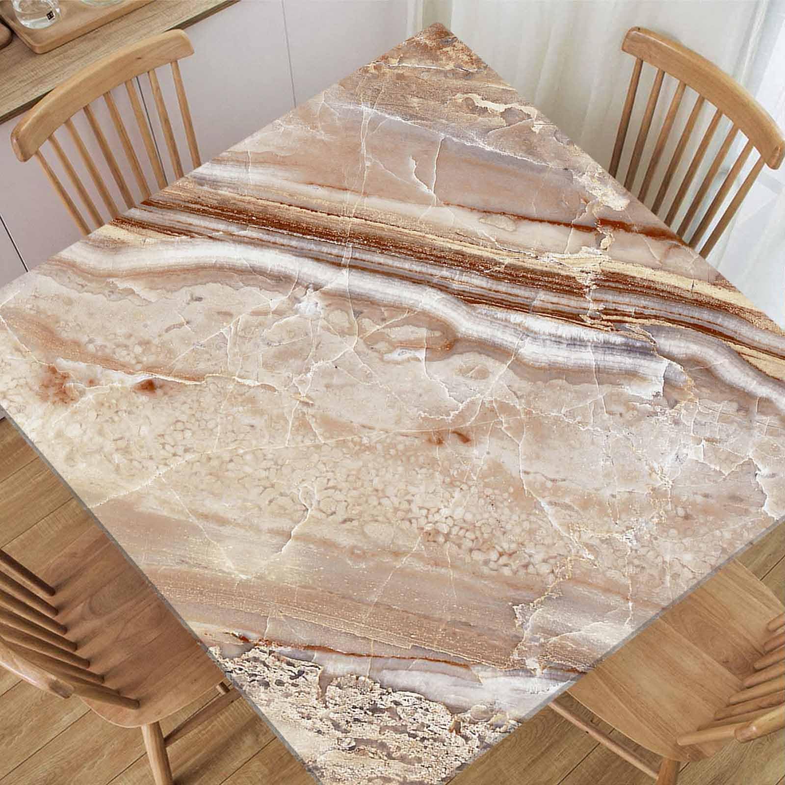 TREGAUSI Fitted Tablecloth Marble Square Table Cloth Cover with Elastic Edge Tan Stone Tablecloths Waterproof Polyester Cloths for Indoor Dining