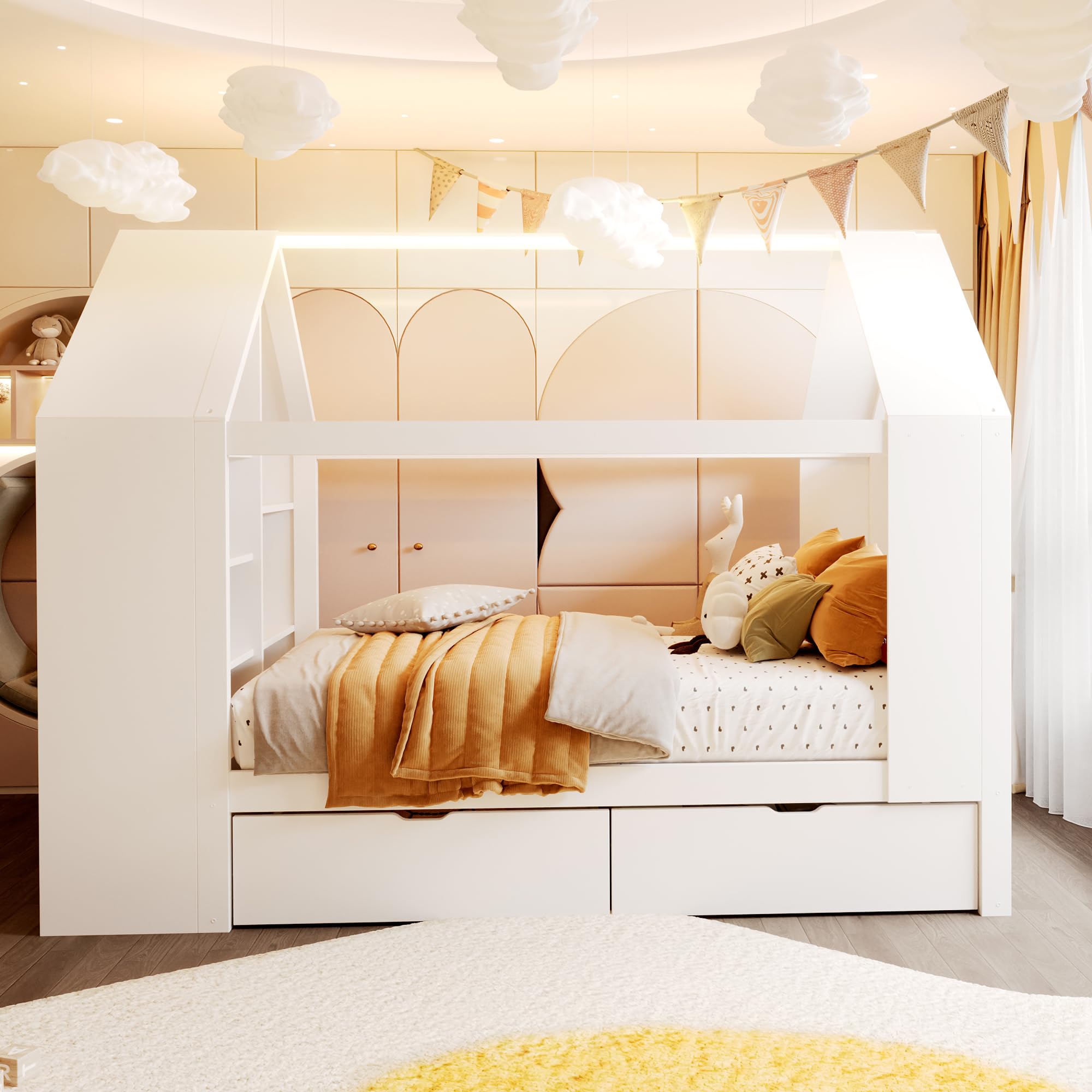 Kinderbett 90x200 Hausbett mit LED und Stauraum, Einzelbett mit Schubladen, Holzbetten für Kinder und Jugendliche, Massivholz Weiß