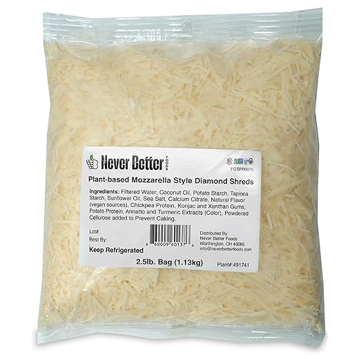 Never Better Foods Plant-Based Shredded Mozzarella Cheese – Dairy-Free, Allergen-Free, 2.5 lb Bulk Bag (40 oz)