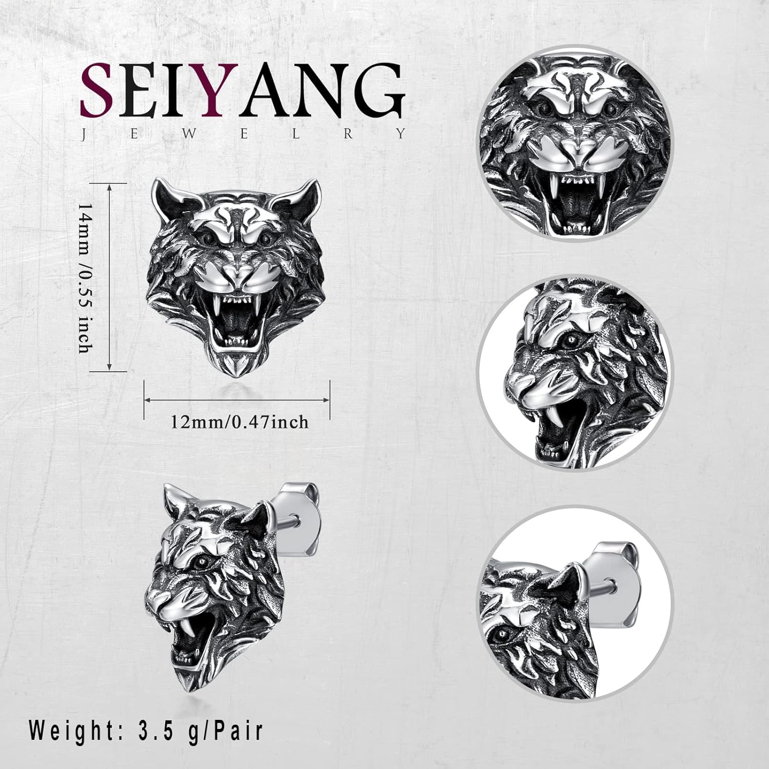Seiyang Earrings for Men 925 Sterling Silver Animal Stud Earrings Vintage Jewelry Gift for Husband Friend (with Gift Box)
