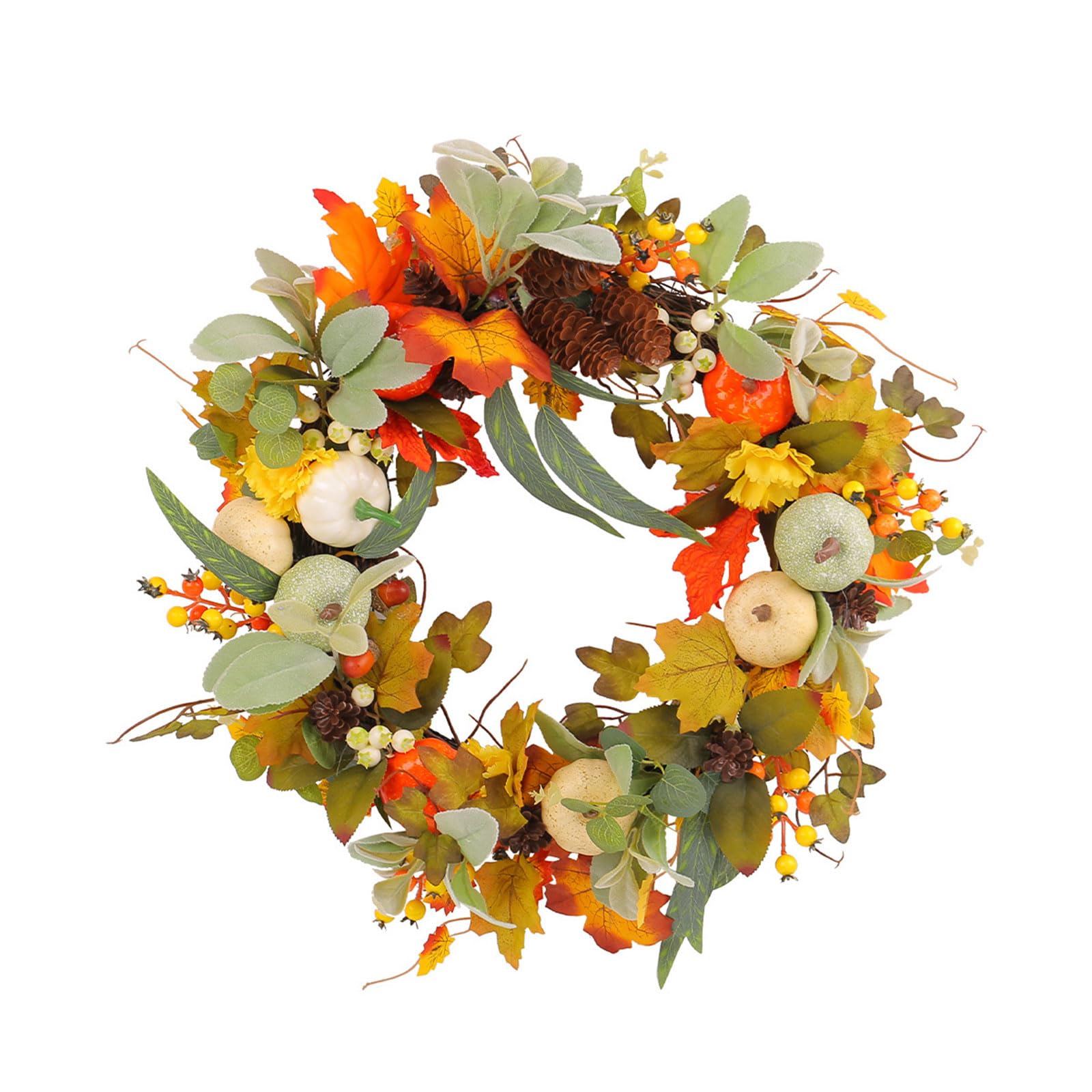 PANGBOER Artificial Flower Wreath with Pumpkin for Thanskagiving Day Decorations, Harvest Wreath Spring for Front Door