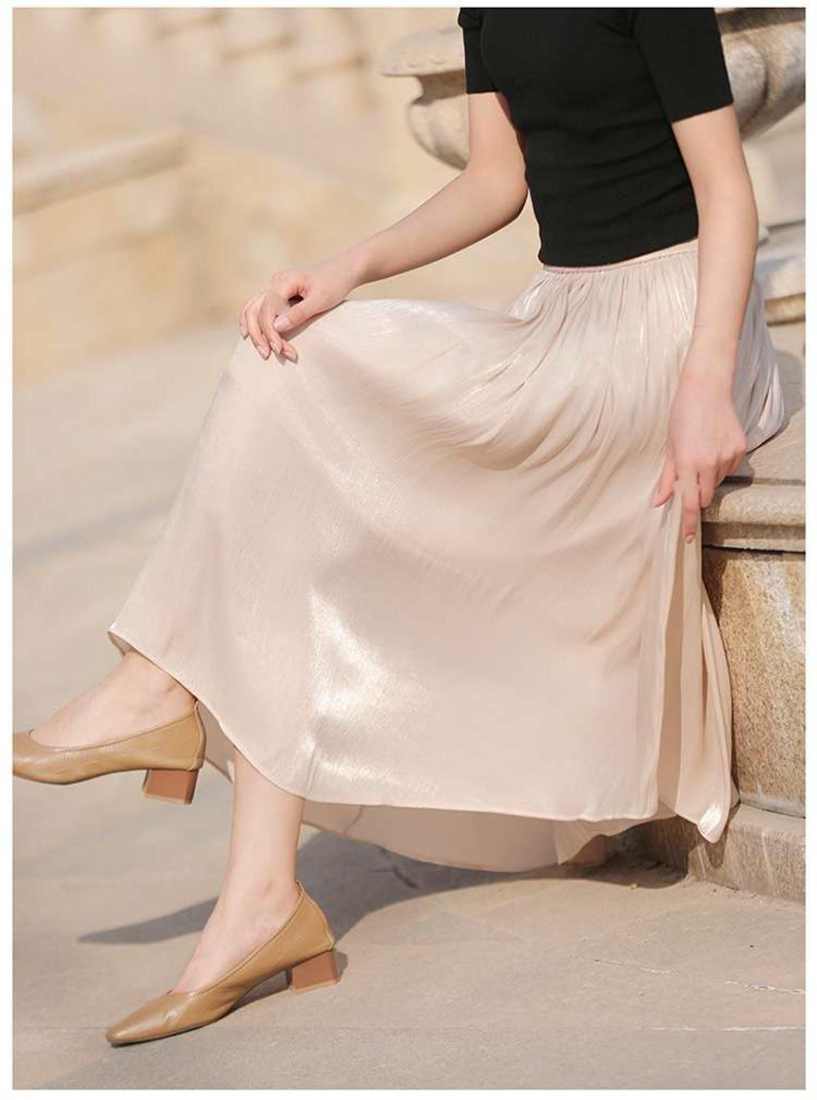 Jupe Taille Haute en Satin De Soie pour Femme - Jupe Trapèze D'Été De Couleur Unie Jupe Trapèze en Maille Jupe Mi-Longue Polyvalente Jupe Parapluie Élancée, Jupe Drapée Douce Et Soyeu