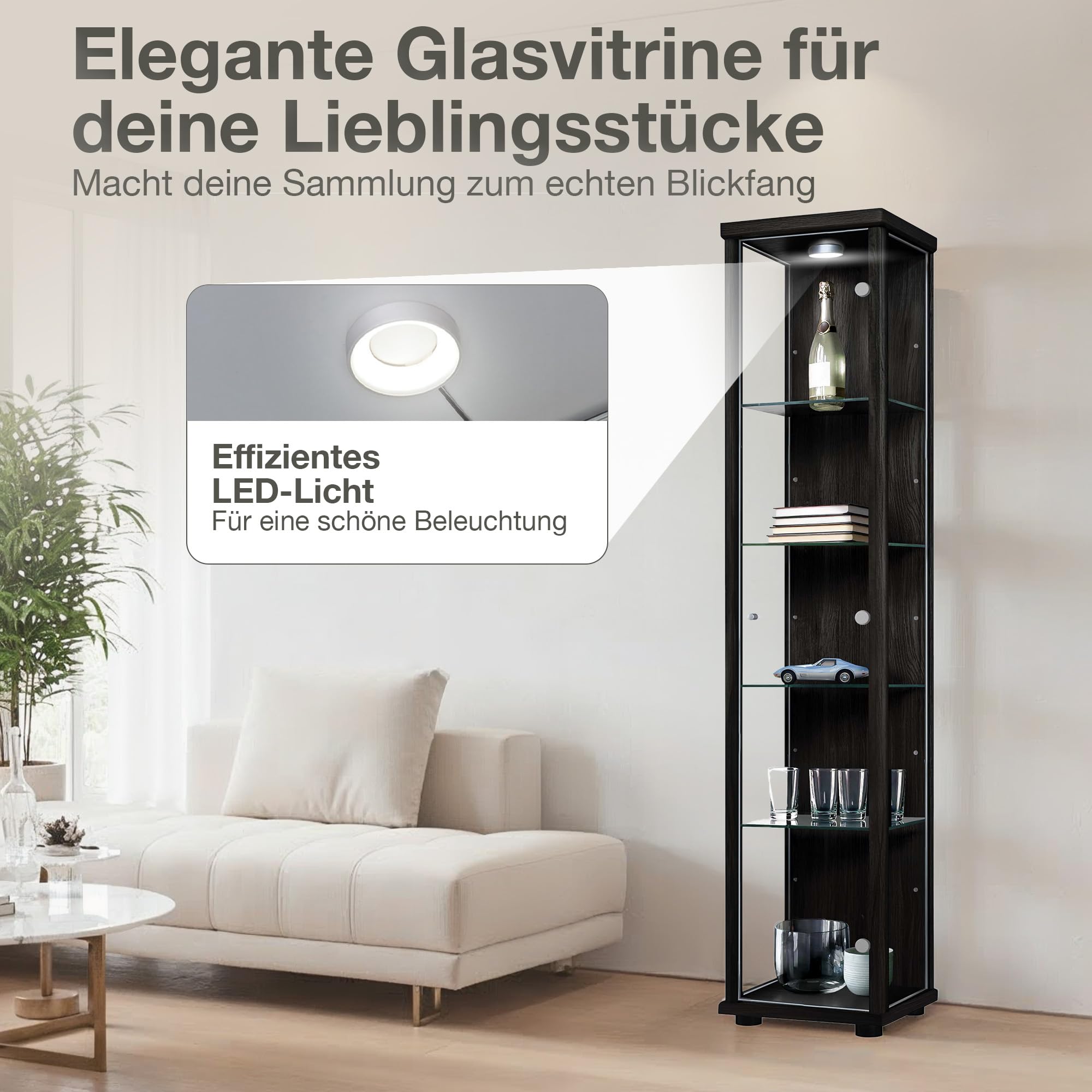 Glasvitrine Stehend (176x37x33cm) - Made in Germany - Vitrinenschrank Schwarz mit 4 höhenverstellbaren Glasböden & LED - Vitrine Glas stehend - Glasschrank - Display Cabinet