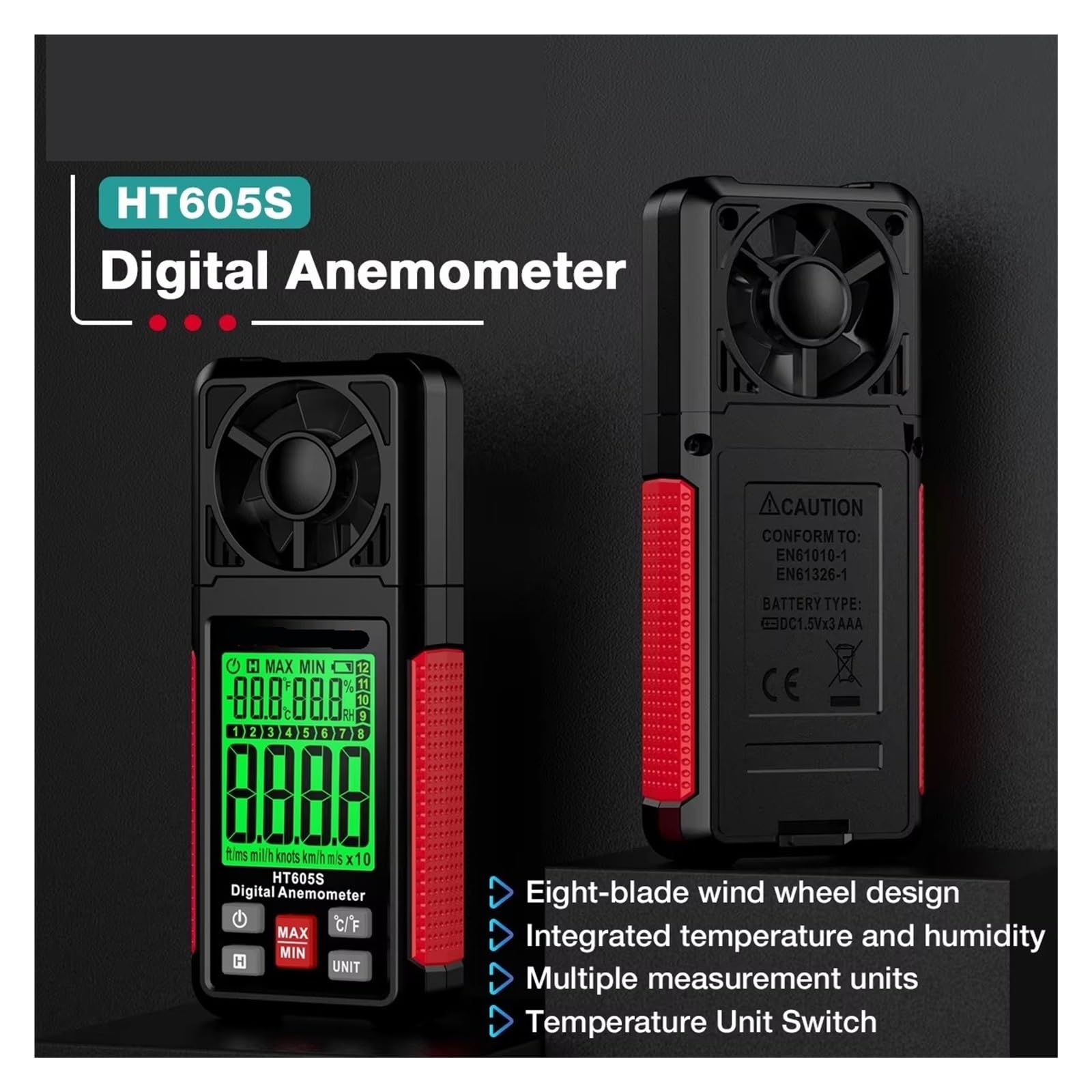 Anemómetro Digital HT605S, medidor de velocidad del viento y flujo aire, termómetro con retroiluminación LCD, higrómetro, anemómetro profesional