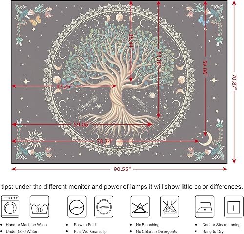 Miniatura 7 de Tapiz de árbol de la vida de fase lunar, naturaleza, flores, plantas, mariposas, tapices bohemios, mandala espiritual, tapiz estético para colgar en