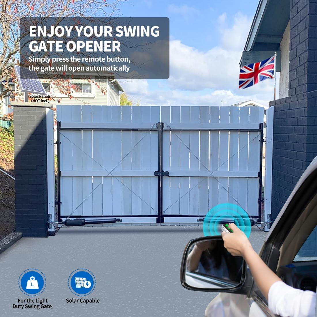 Person in a car using a remote control to open a dual swing gate, with text 'ENJOY YOUR SWING GATE OPENER'.