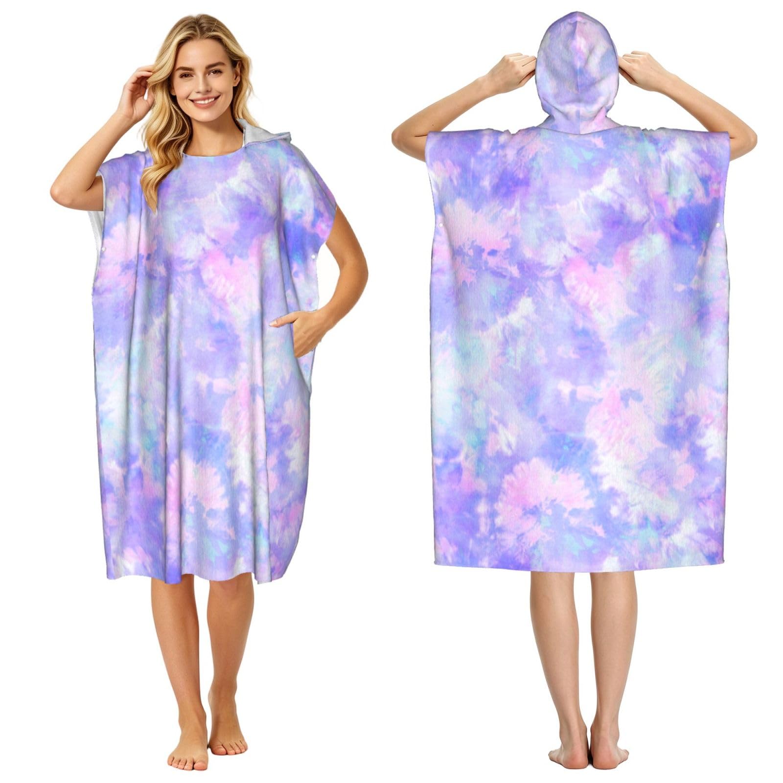 Poadnly Purple Pastel Tie Dye, Adult Hooded Beach Towel 90 x 110 cm,Changing Bath Robe, Surf Poncho Towel For Women Men