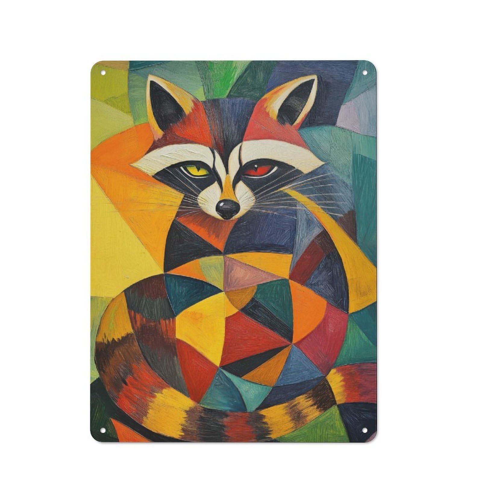 Character Decorative Tin Plaque 40x30cm Featuring Geometric Raccoon Oil Painting, Home Wall Decor for Flat, Dorm Room, Lounge Or Cafe