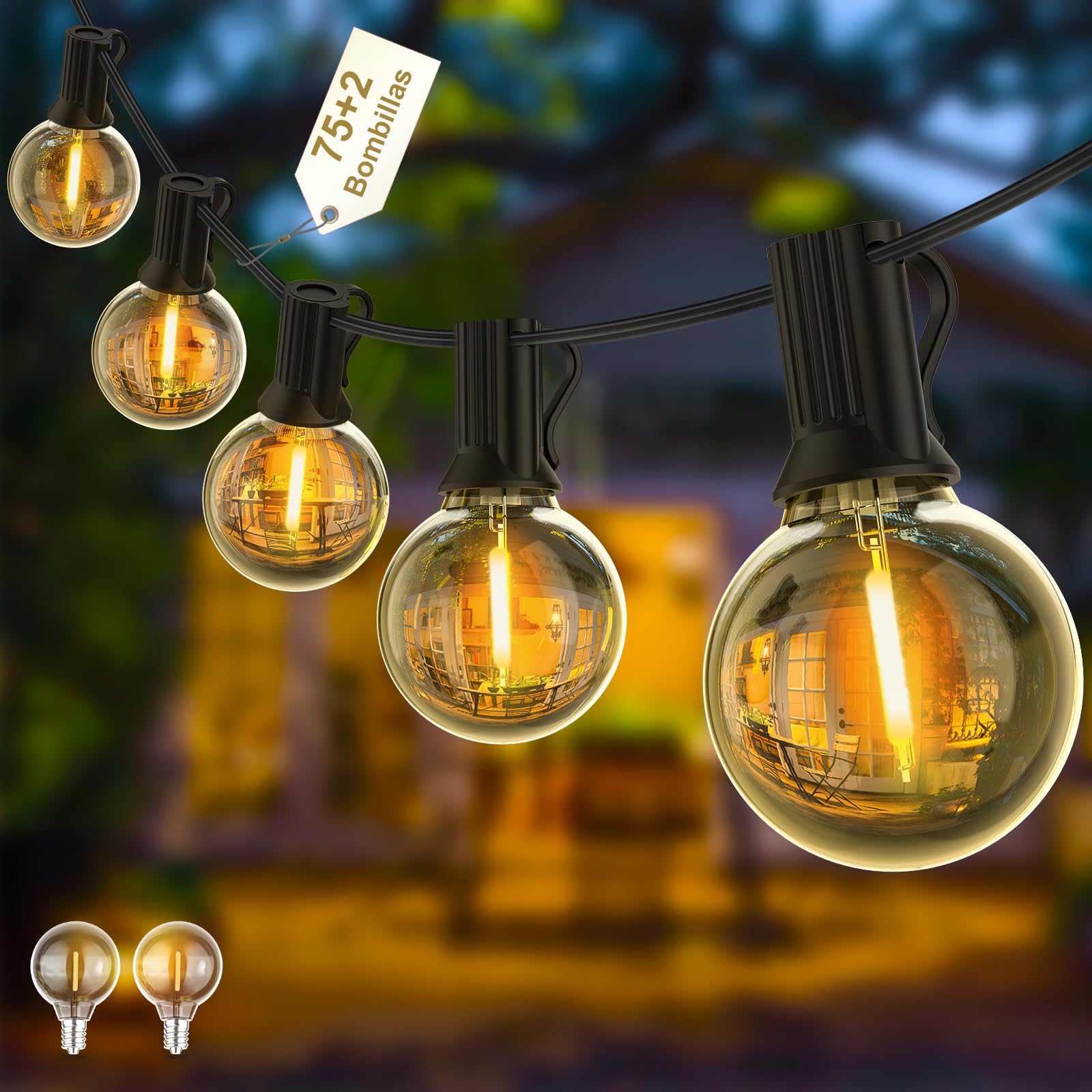 Yuusei 45,7M Guirnalda Luces Exterior, LED Guirnaldas Luminosas de Exterior con 75+2 Inastillable Plástico Bombillas, IP45 Impermeable Cadena de Luces Perefcto Jardín, Fiesta, Patio - Blanco Cálido