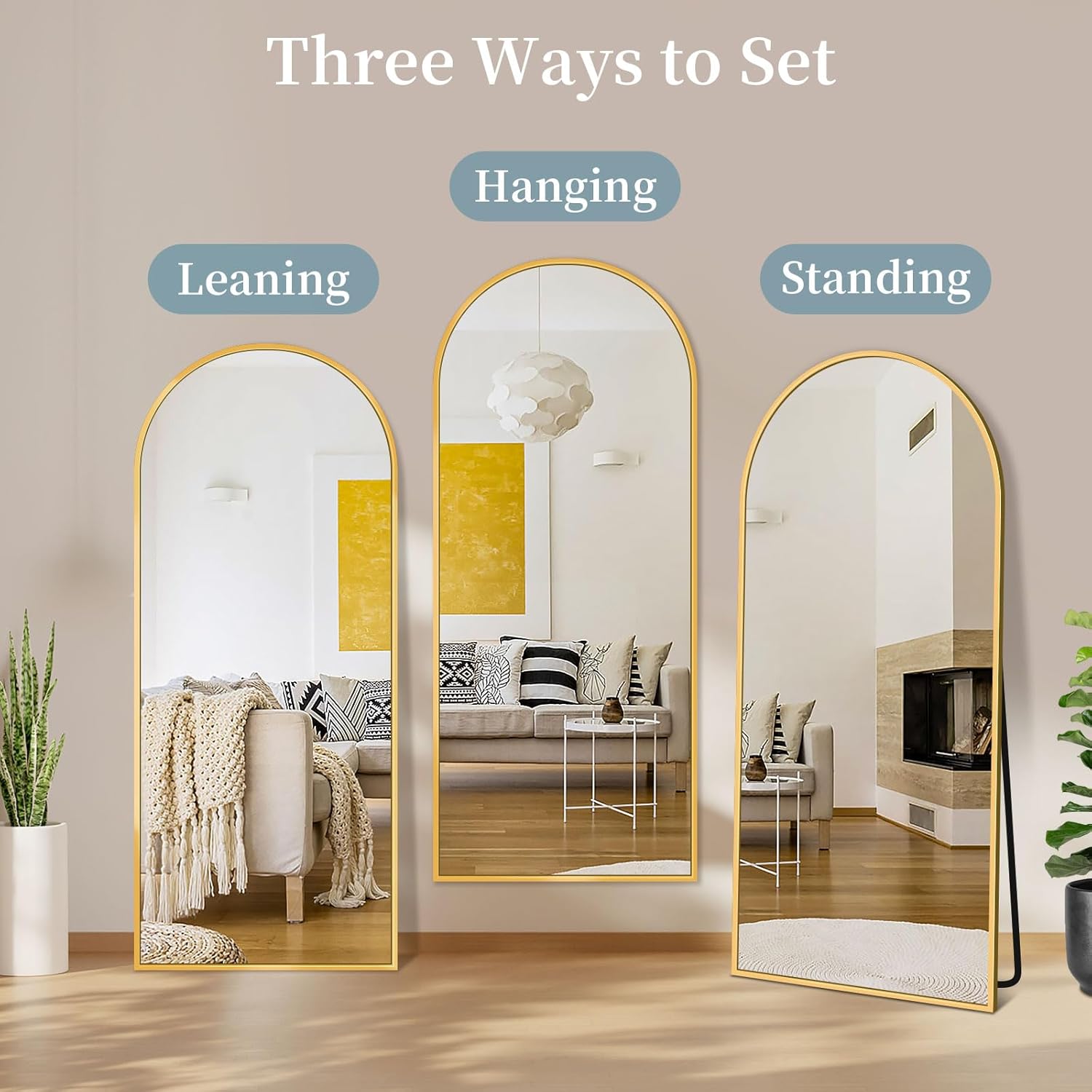 Full Length Mirror, 58"x21" Arched Full Body Mirror, Large Stand Up Aluminum Frame Floor Freestanding Hanging Leaning Mounted for Bedroom Living Room Entryway Gold - Image 6