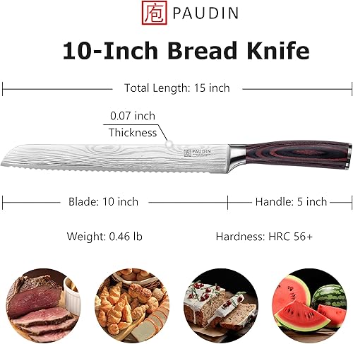 Miniatura 2 de PAUDIN Bread Knife, 10 inch Serrated Knife, German Stainless Steel Bread Knife for Homemade Bread, Razor Sharp Edge for Efficient Slicing Sourdough