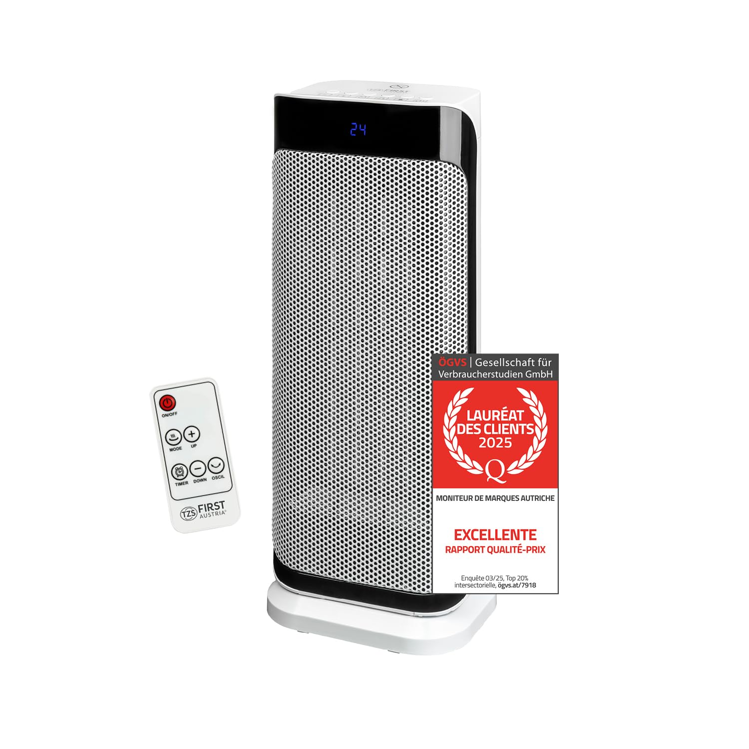 TZS First Austria - Radiateur Soufflant Céramique 2000W - Élément PTC, 2 Niveaux de Chauffe, Télécommande & Thermostat - Oscillation - Minuterie 9h - Protection Surchauffe - Silencieux 49dB - Blanc