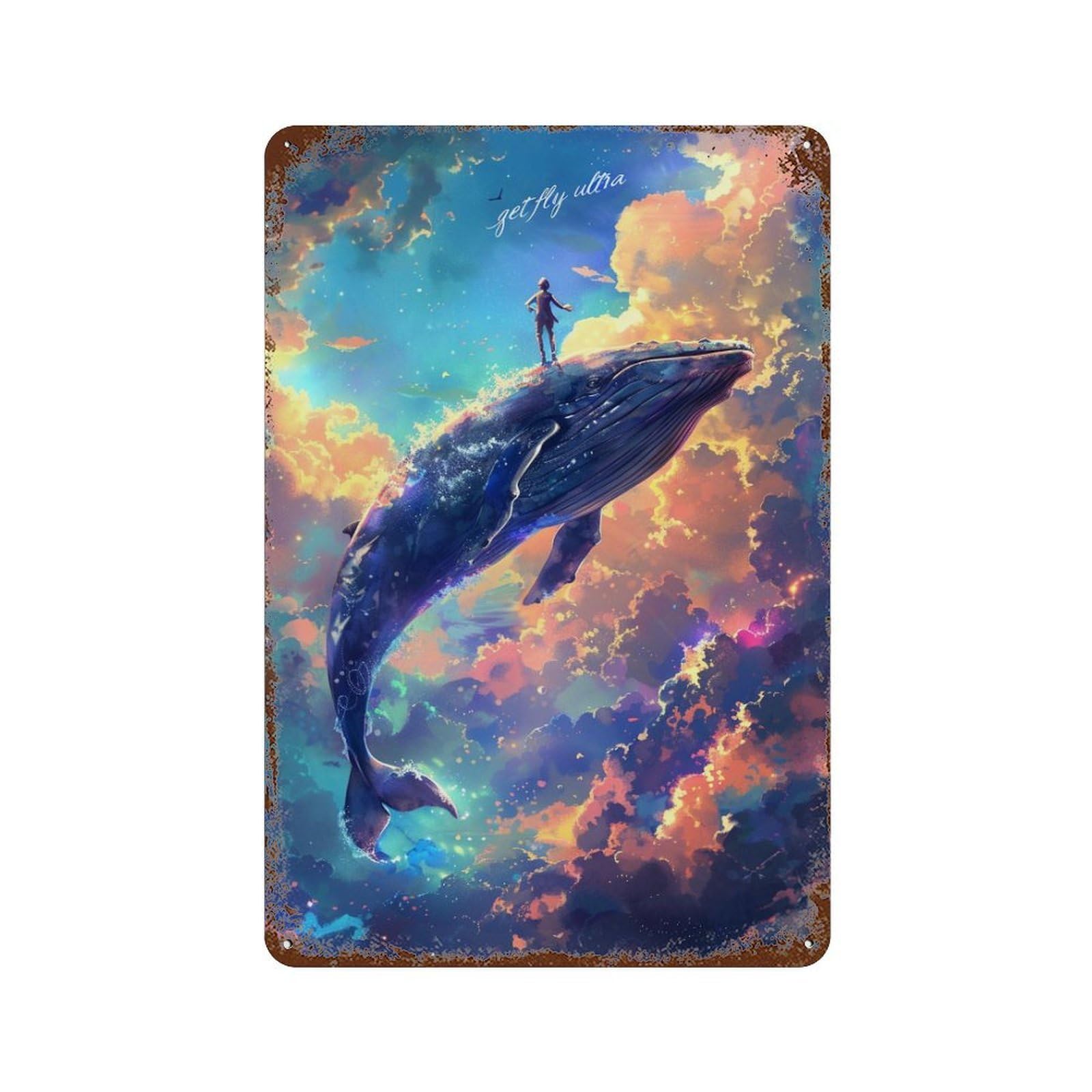Whale Sky Adventure Aged Metal Wall Plaque 11.8"x7.9", for Office, Studio And Wall Decor, Novelty Wall Decor